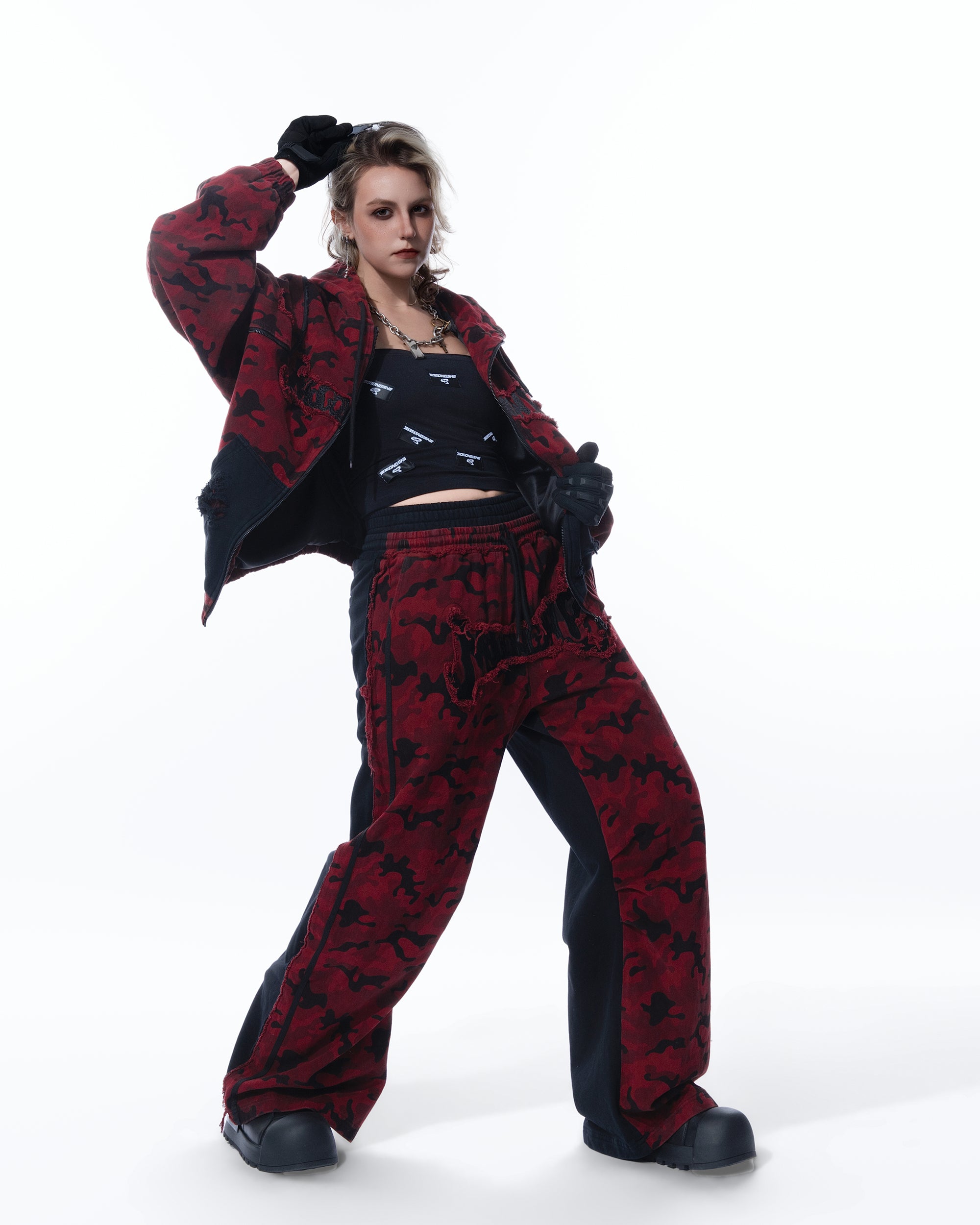 MOGONGSHE Camo Contrast Panel Double-Waist Oversized Sweatpants