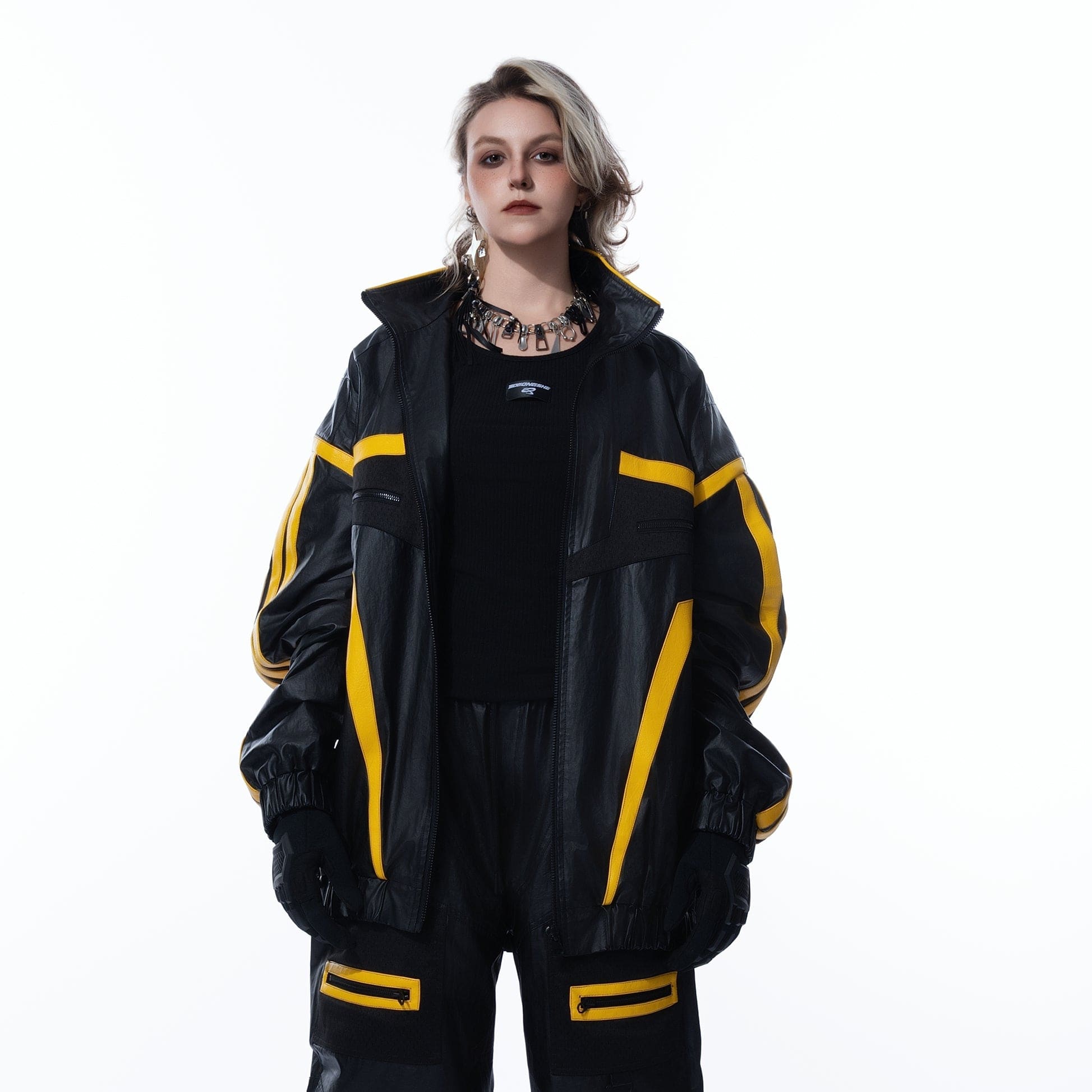 MOGONGSHE Contrast Stripe PU Moto Jacket