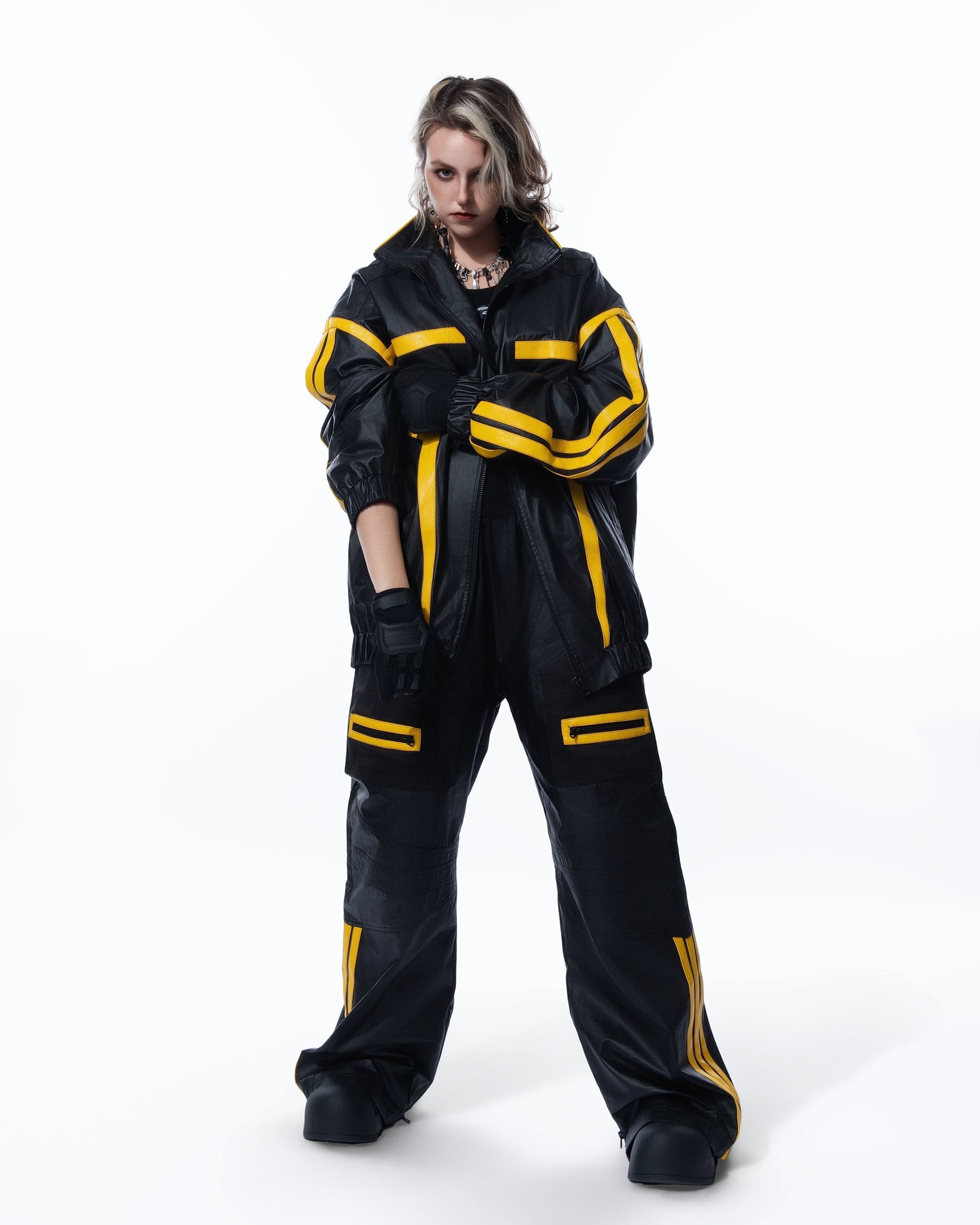 MOGONGSHE Contrast Stripe PU Wide-Leg Pants
