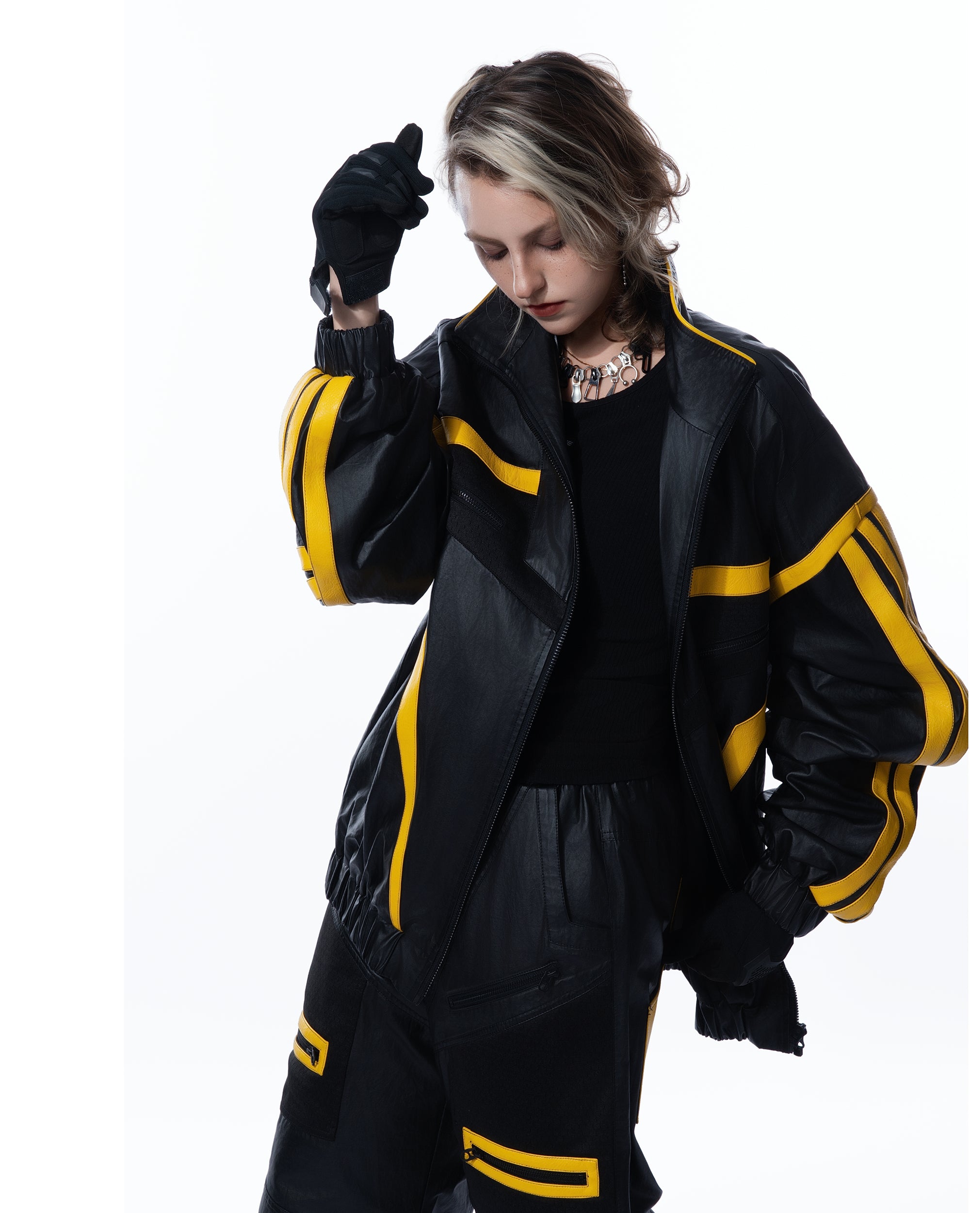 MOGONGSHE Contrast Stripe PU Moto Jacket