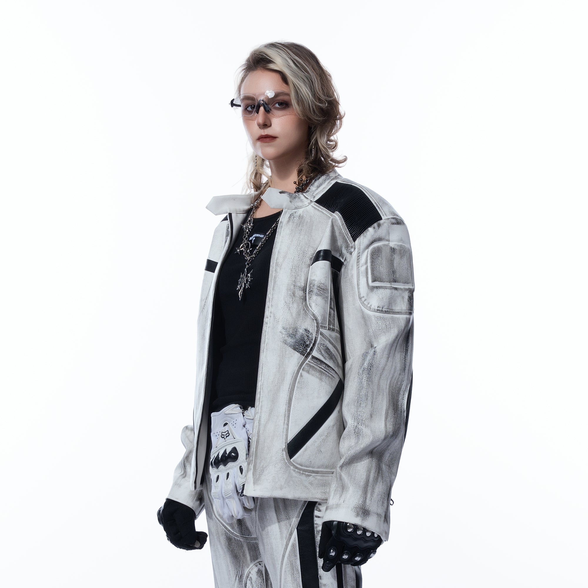 MOGONGSHE Distressed Techwear PU Moto Jacket