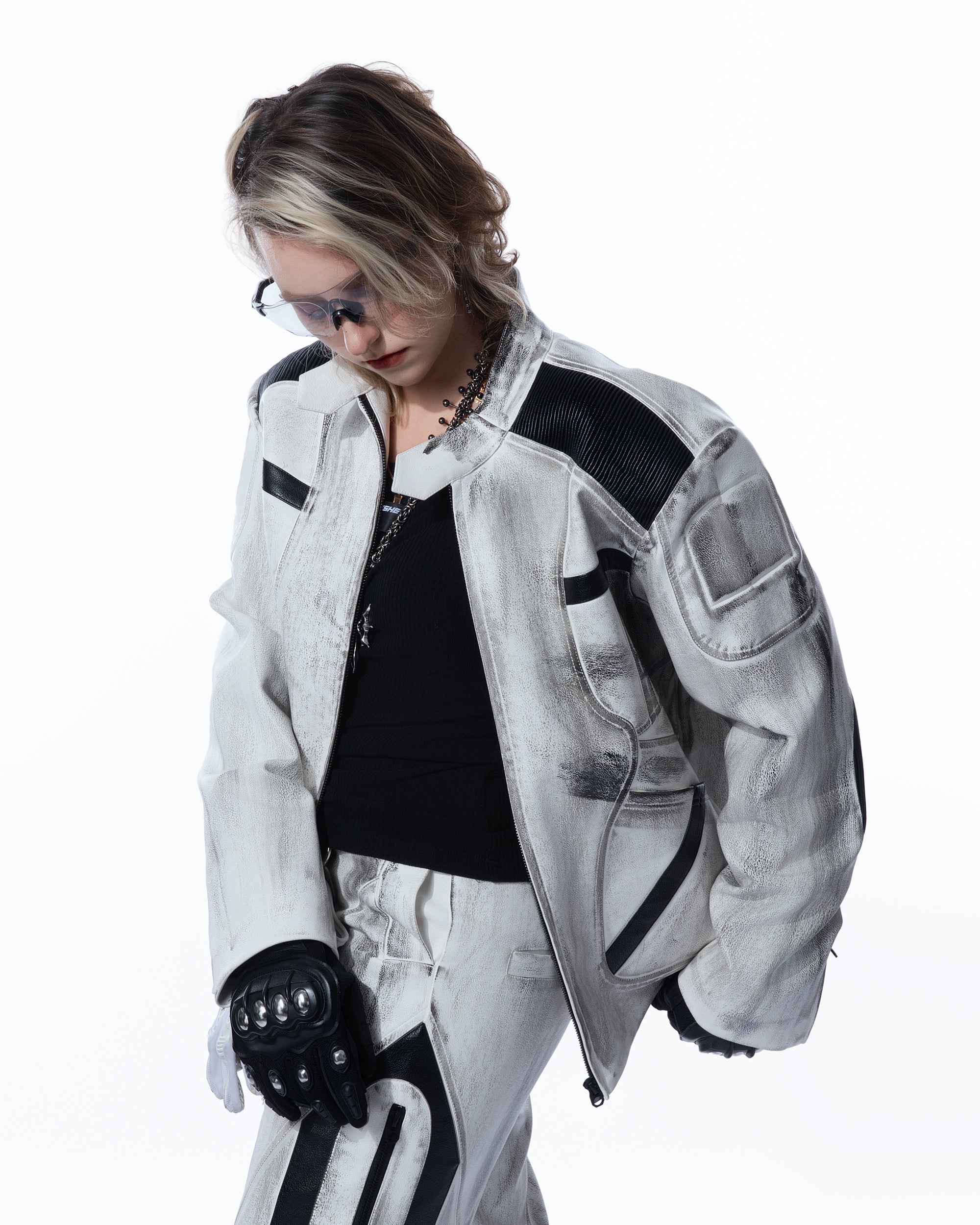 MOGONGSHE Distressed Techwear PU Moto Jacket