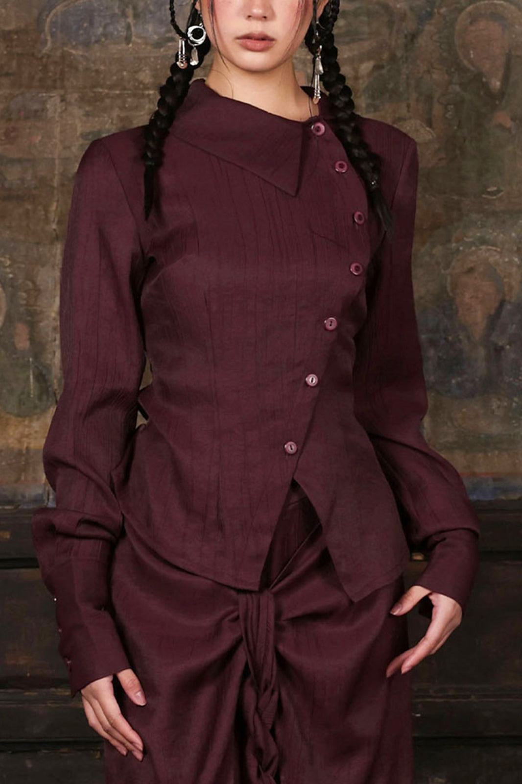 WUHEYIZUO Asymmetrical Curved Front Cinched Waist Shirt