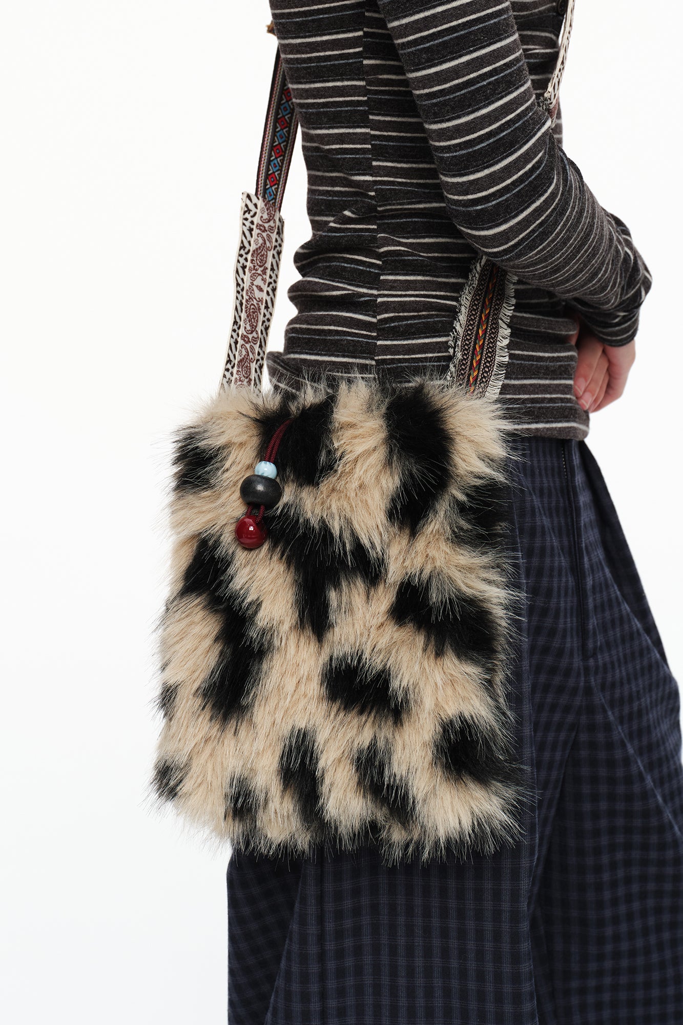 OINIMI Tribal-Strap Leopard Faux-Fur Crossbody Bag