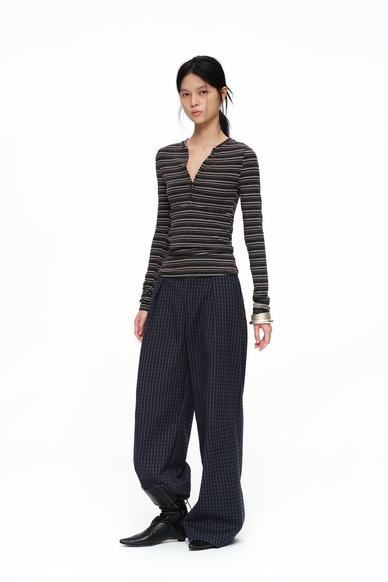 OINIMI Checked Pleated Wide-Leg Pants