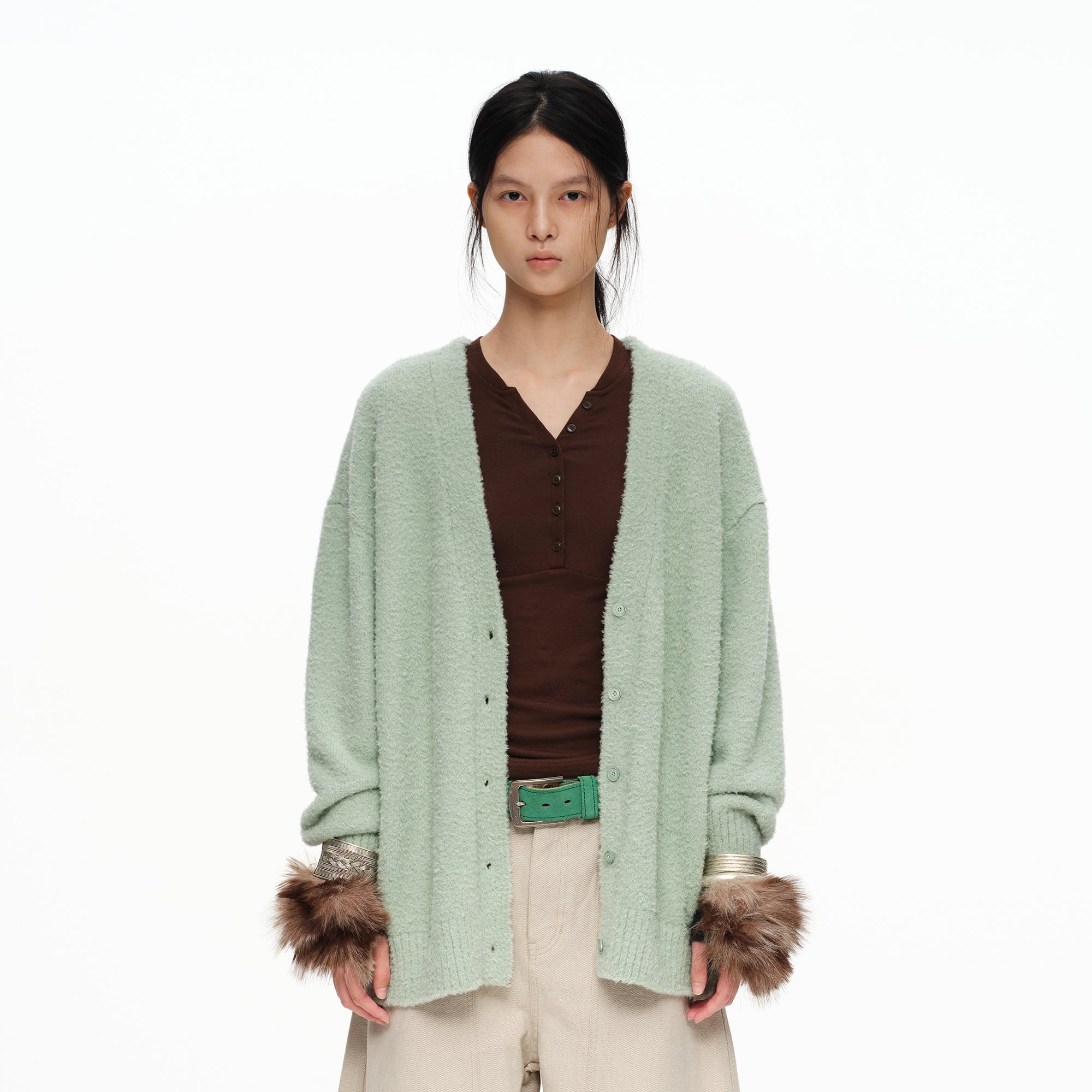 OINIMI Fluffy Knit Button-Up Cardigan