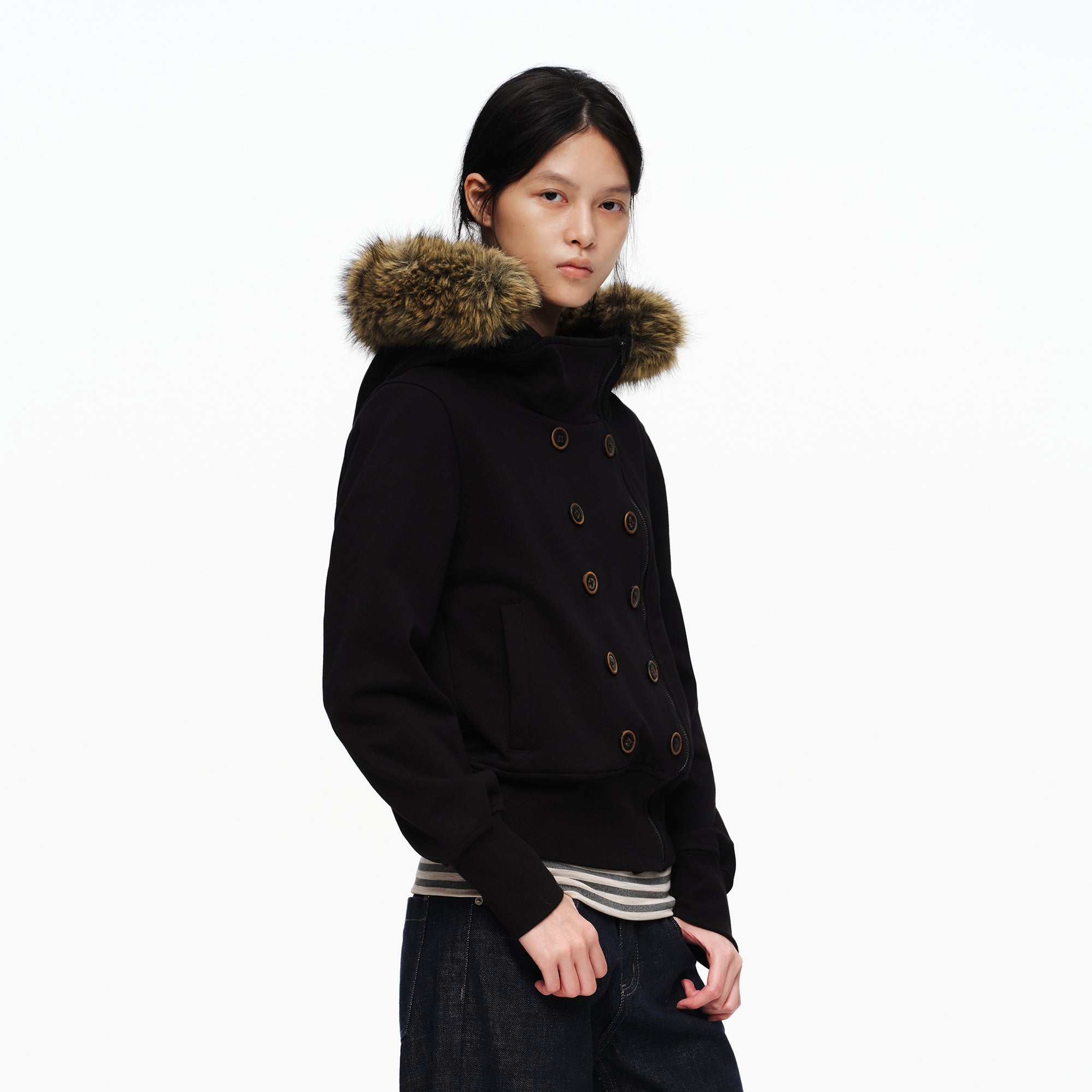 OINIMI Double-Breasted Asym Zip Faux Fur Hoodie