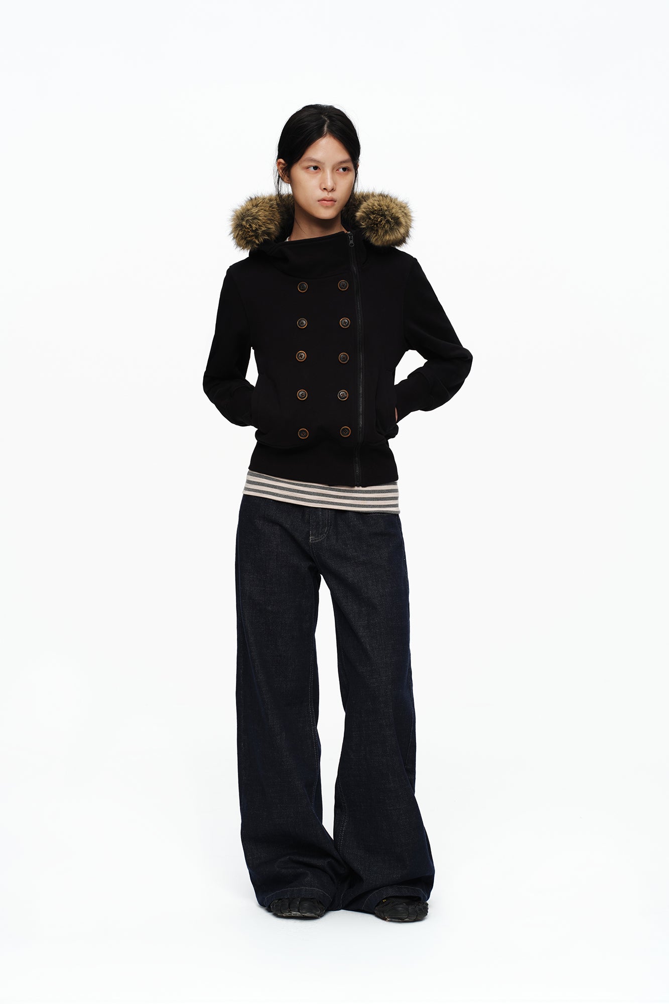 OINIMI Double-Breasted Asym Zip Faux Fur Hoodie