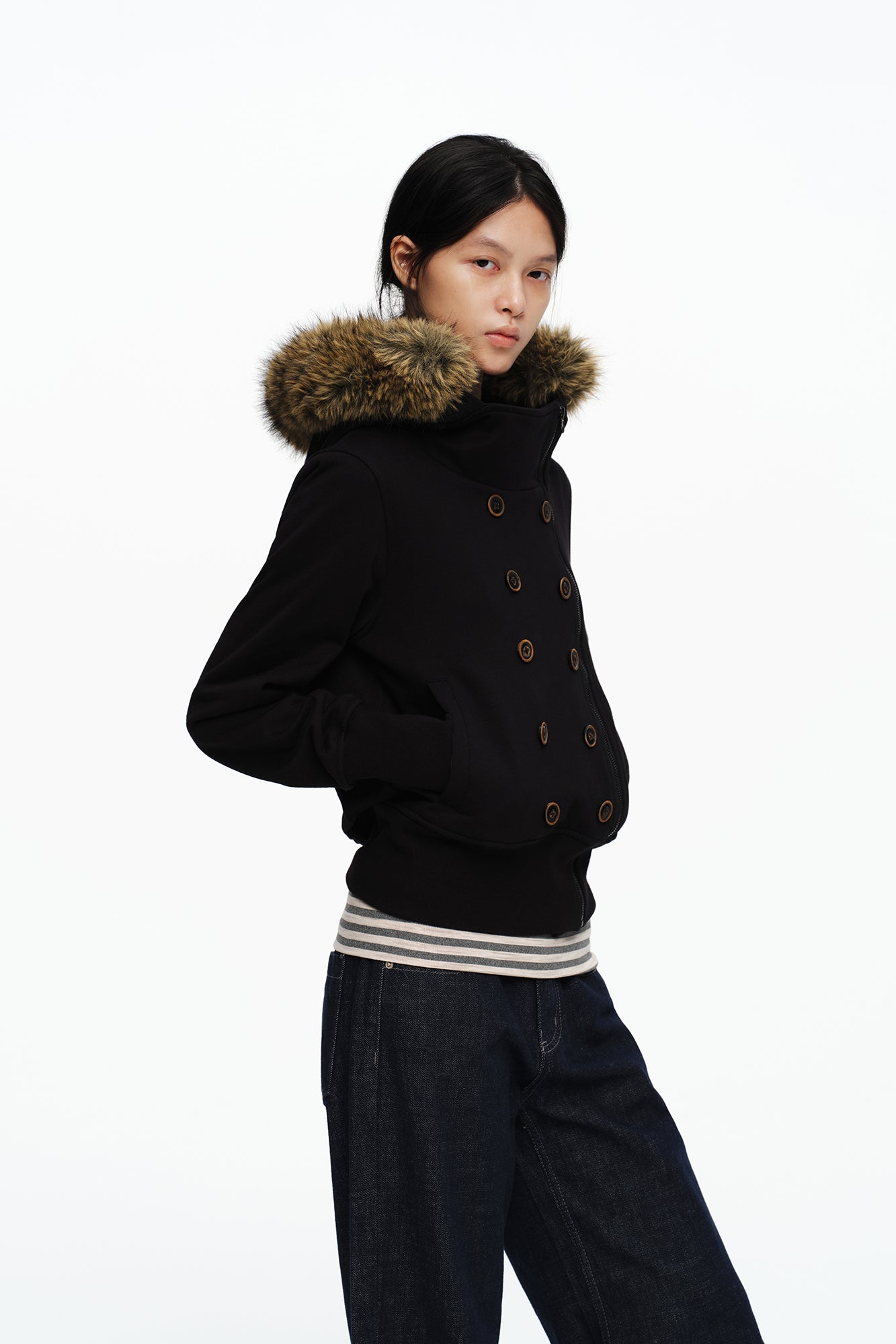 OINIMI Double-Breasted Asym Zip Faux Fur Hoodie