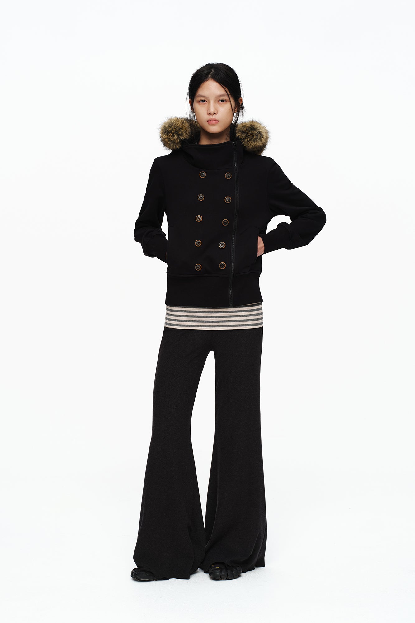 OINIMI Striped Flap Waist Flared Pants