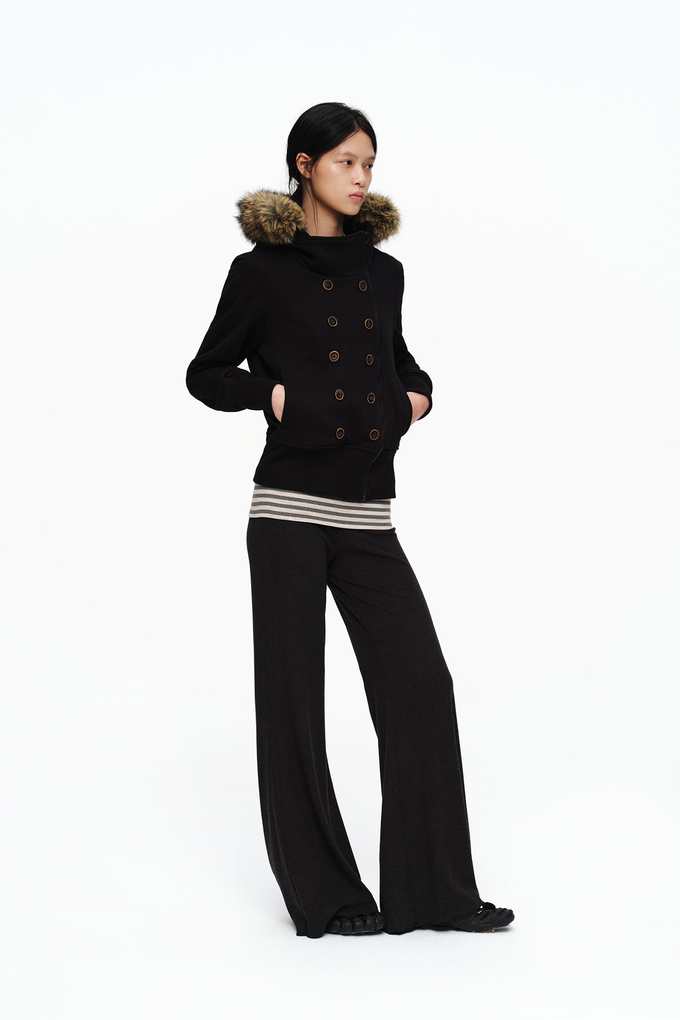 OINIMI Striped Flap Waist Flared Pants