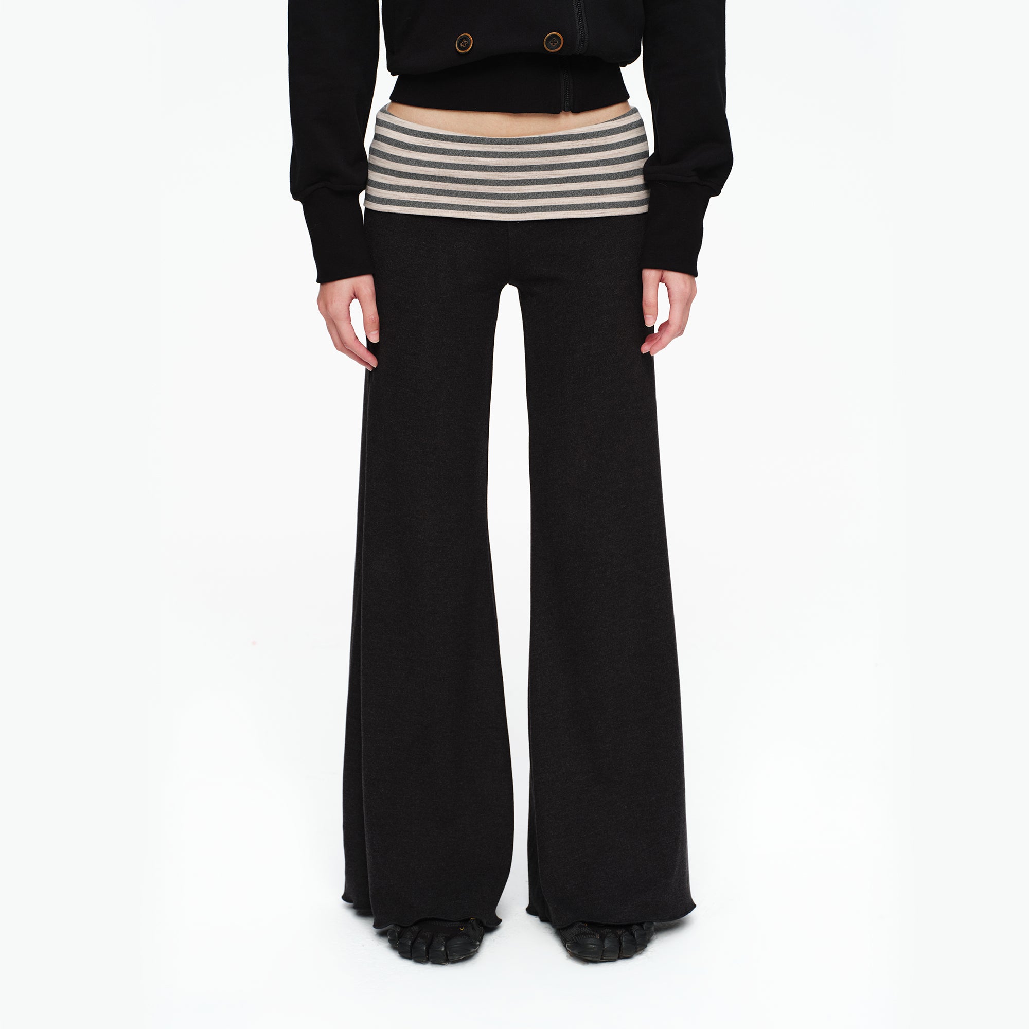 OINIMI Striped Flap Waist Flared Pants