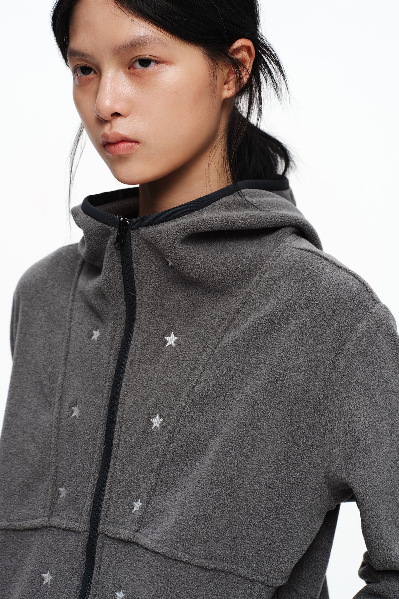 OINIMI Star Embroidered Zip-Up Fleece Hoodie