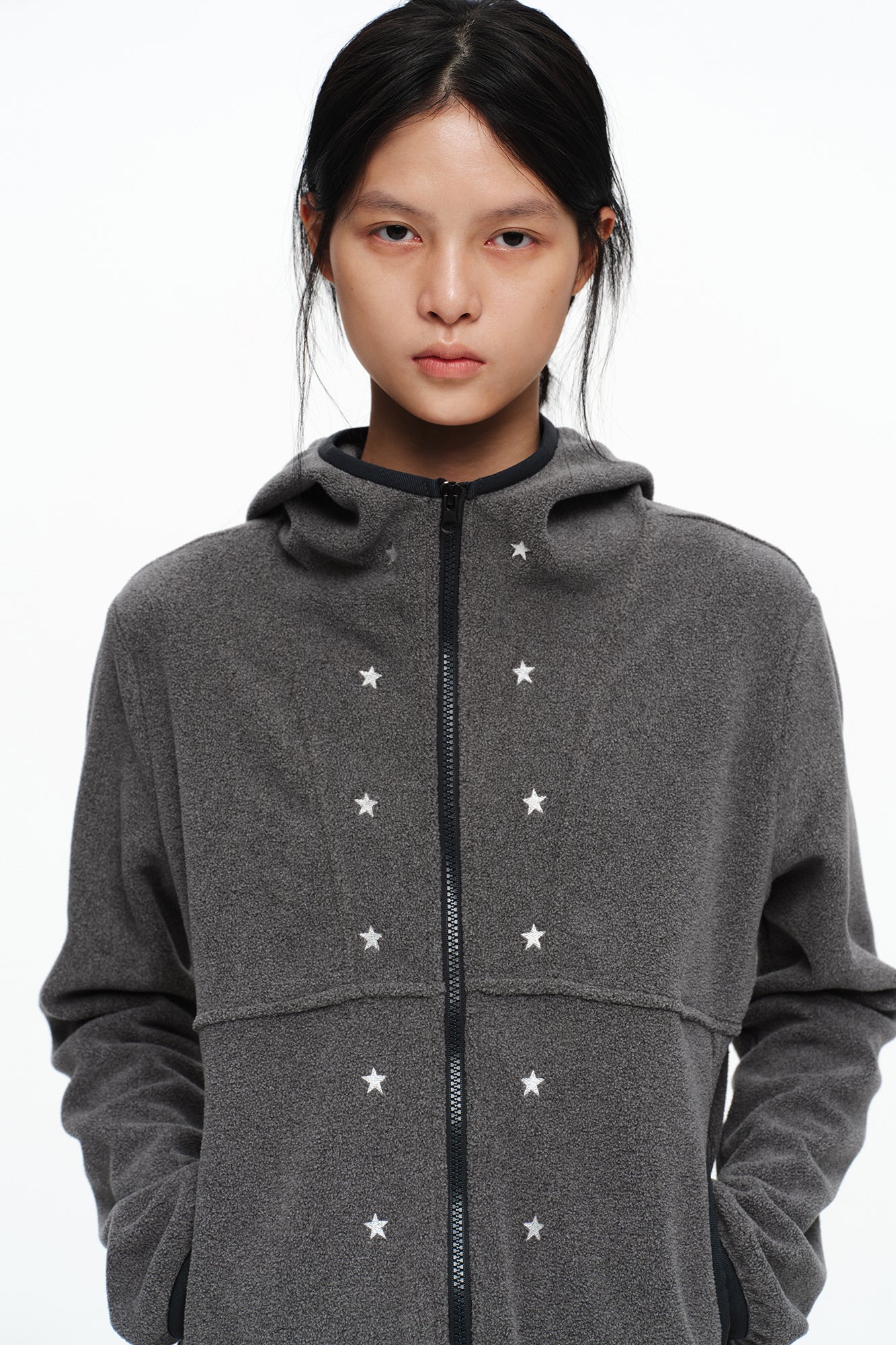 OINIMI Star Embroidered Zip-Up Fleece Hoodie