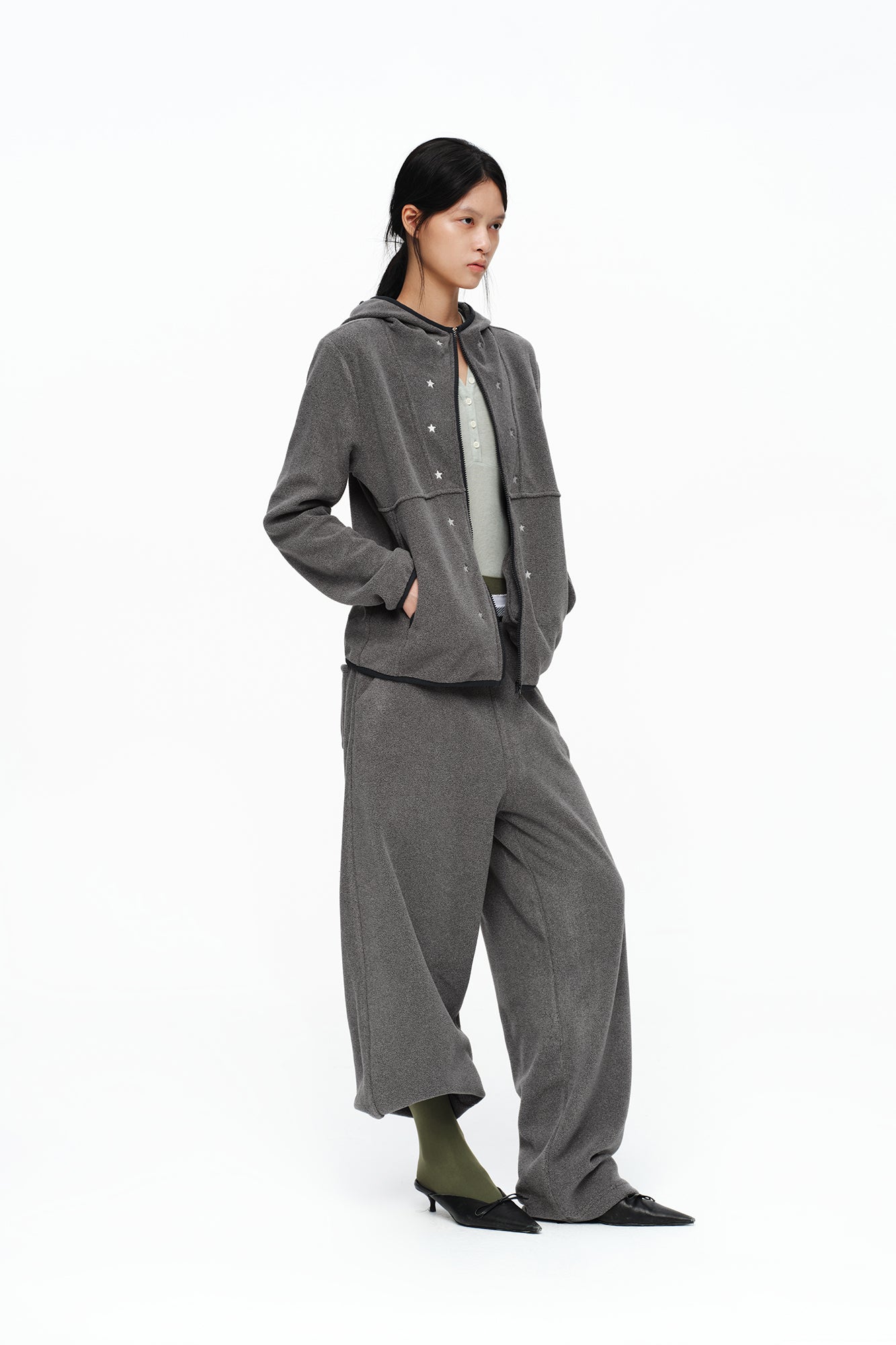 OINIMI Star Embroidered Zip-Up Fleece Hoodie