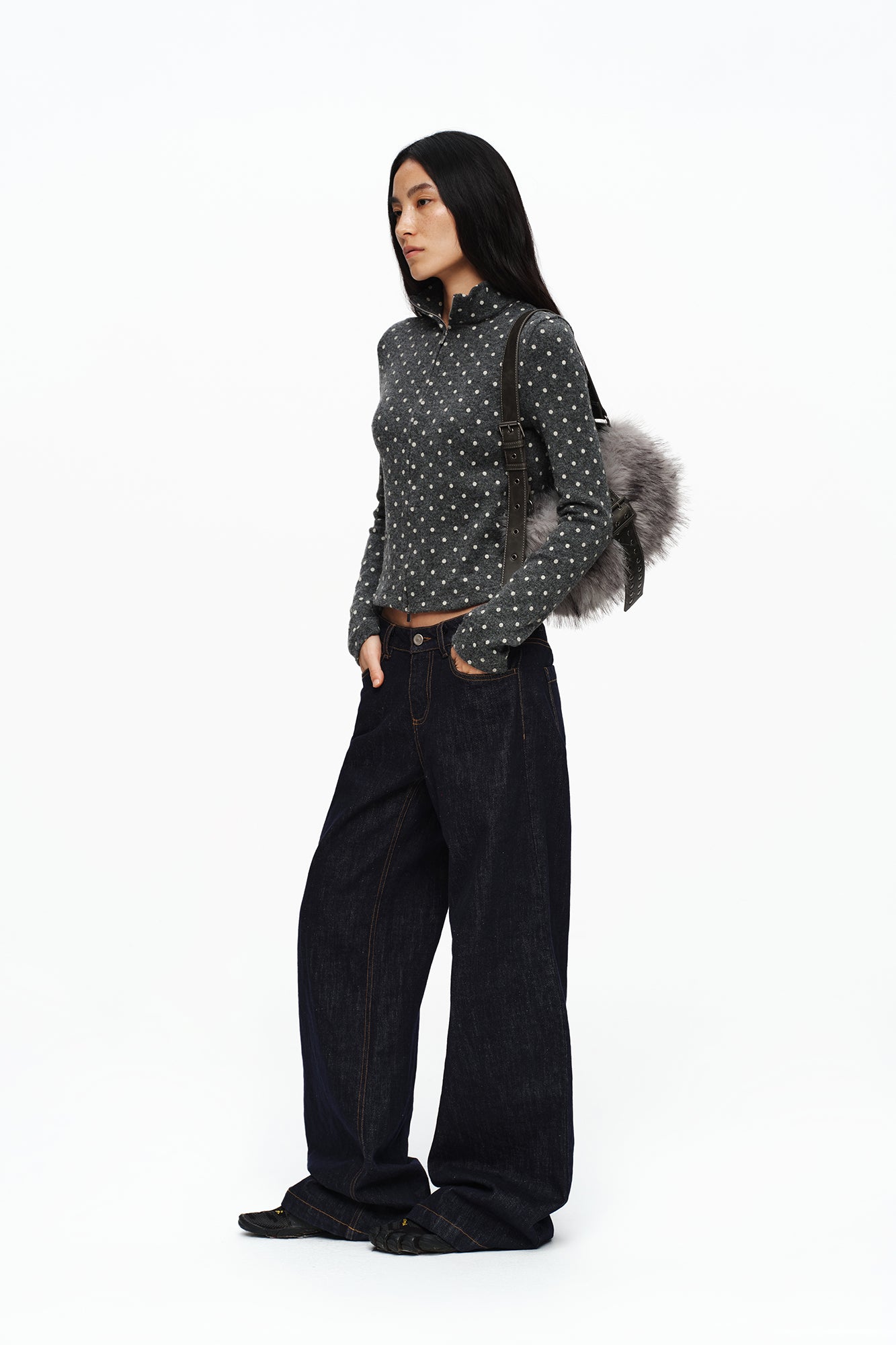 OINIMI Studded Belted Faux Fur Shoulder Bag