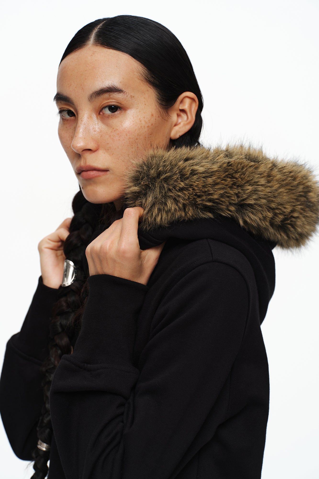 OINIMI Double-Breasted Asym Zip Faux Fur Hoodie