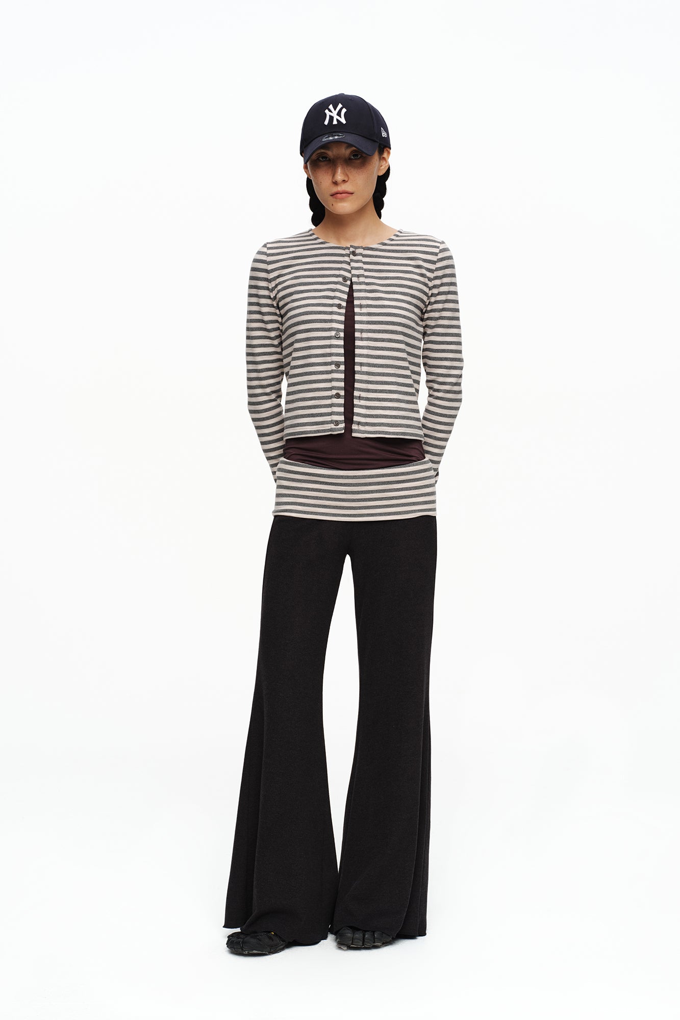 OINIMI Striped Flap Waist Flared Pants