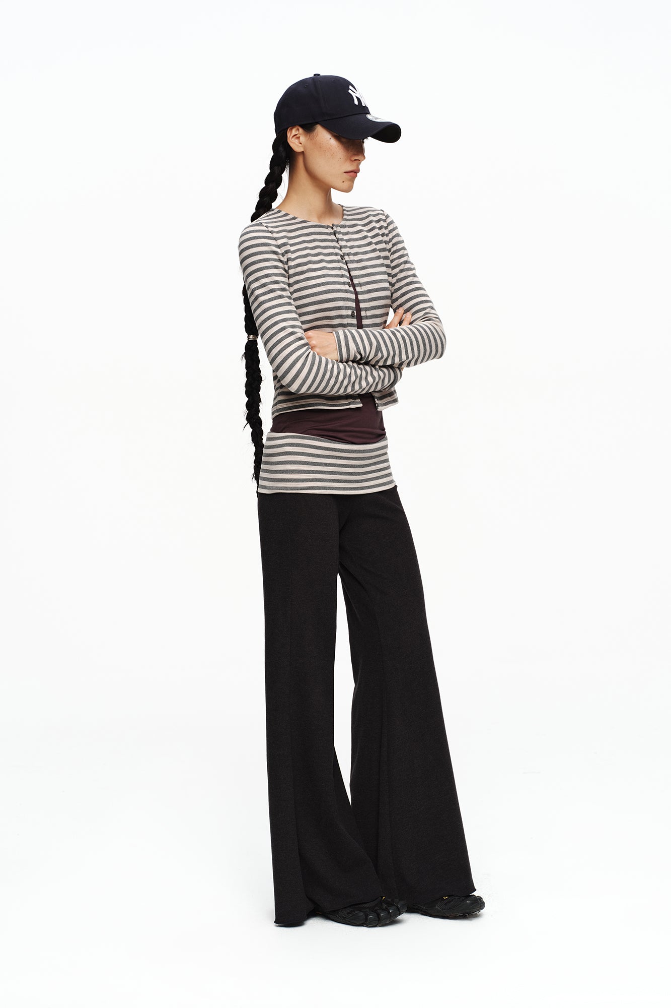 OINIMI Striped Flap Waist Flared Pants