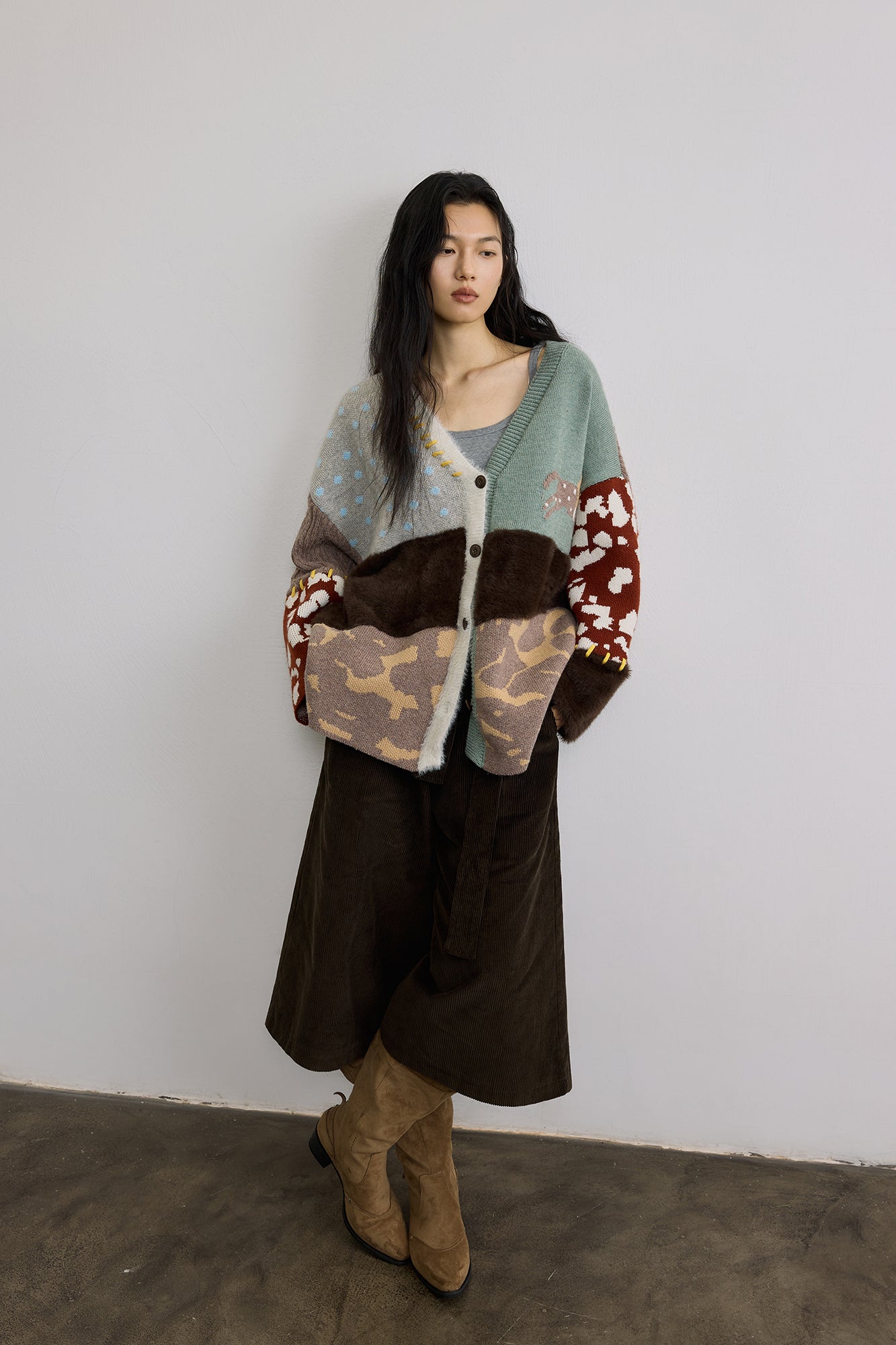 SAME FLOW Retro Spliced Wool-Blend Jacquard Cardigan