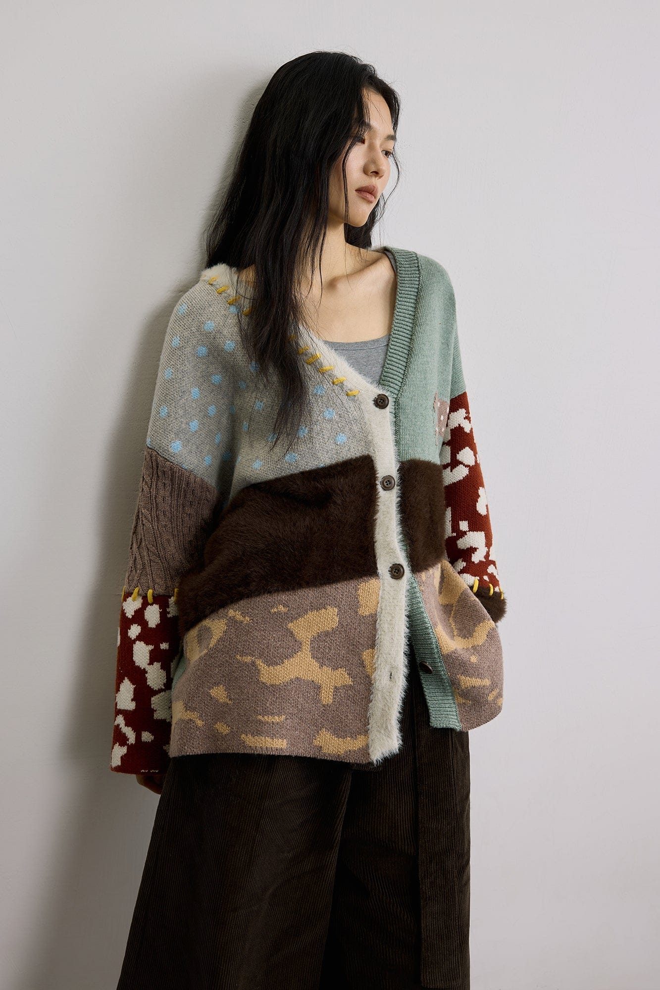 SAME FLOW Retro Spliced Wool-Blend Jacquard Cardigan