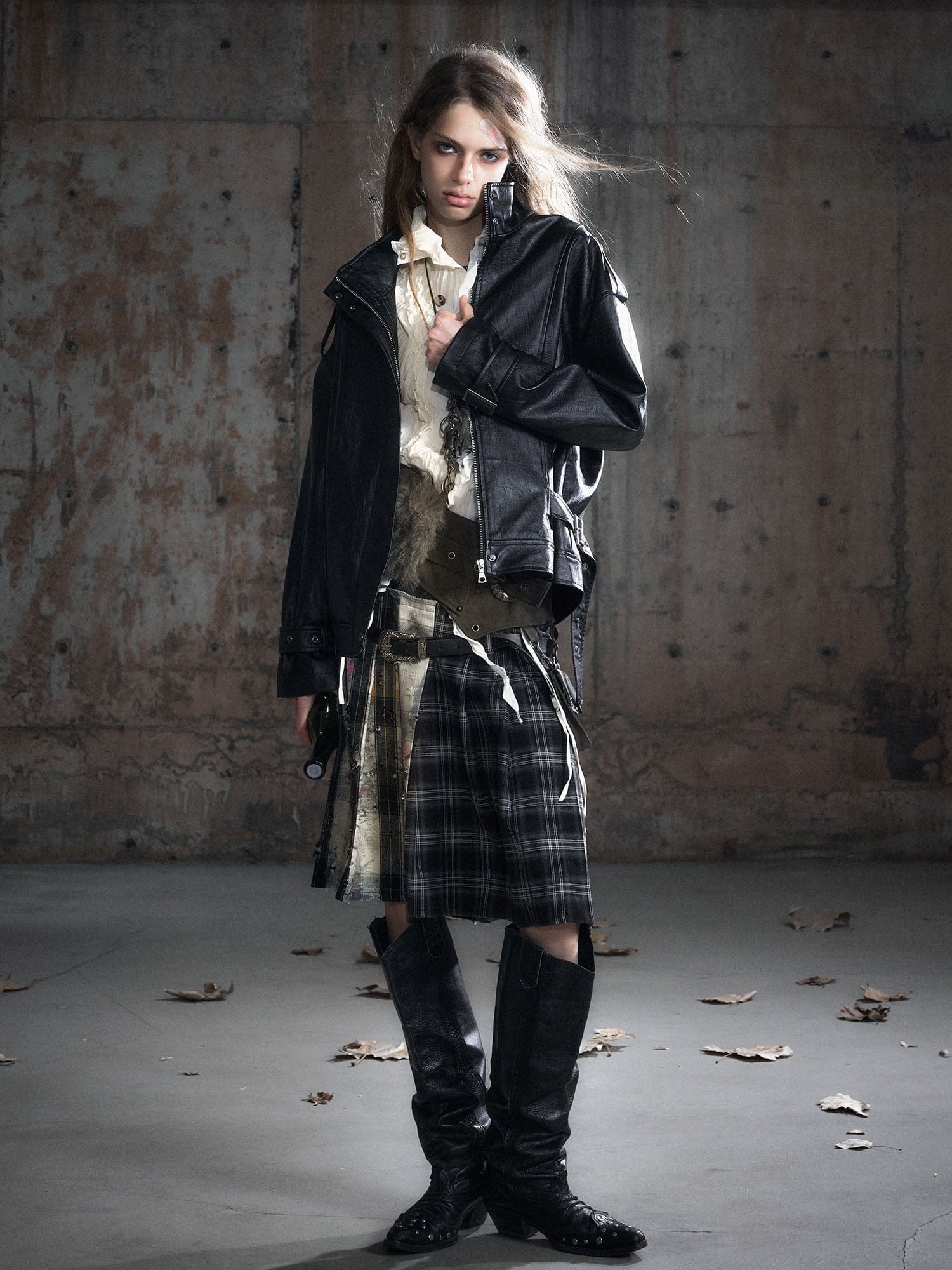 CESTNOUS Belted-Hem Faux Leather Jacket