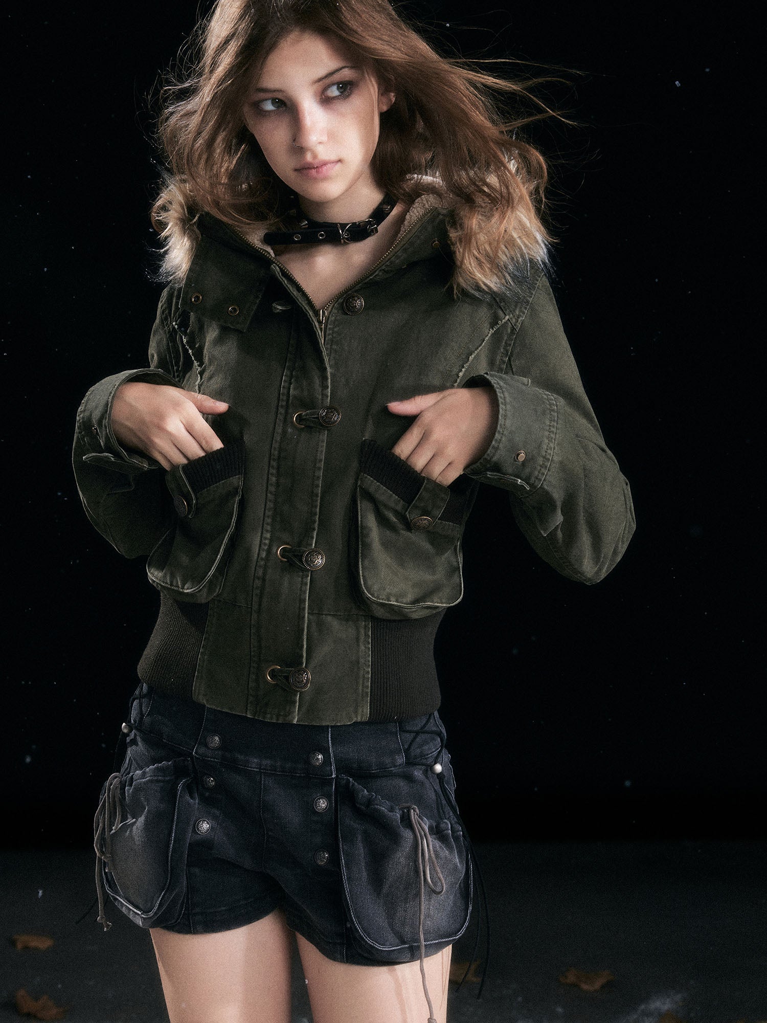 CESTNOUS Washed Military Faux-Fur Hooded Padded Jacket