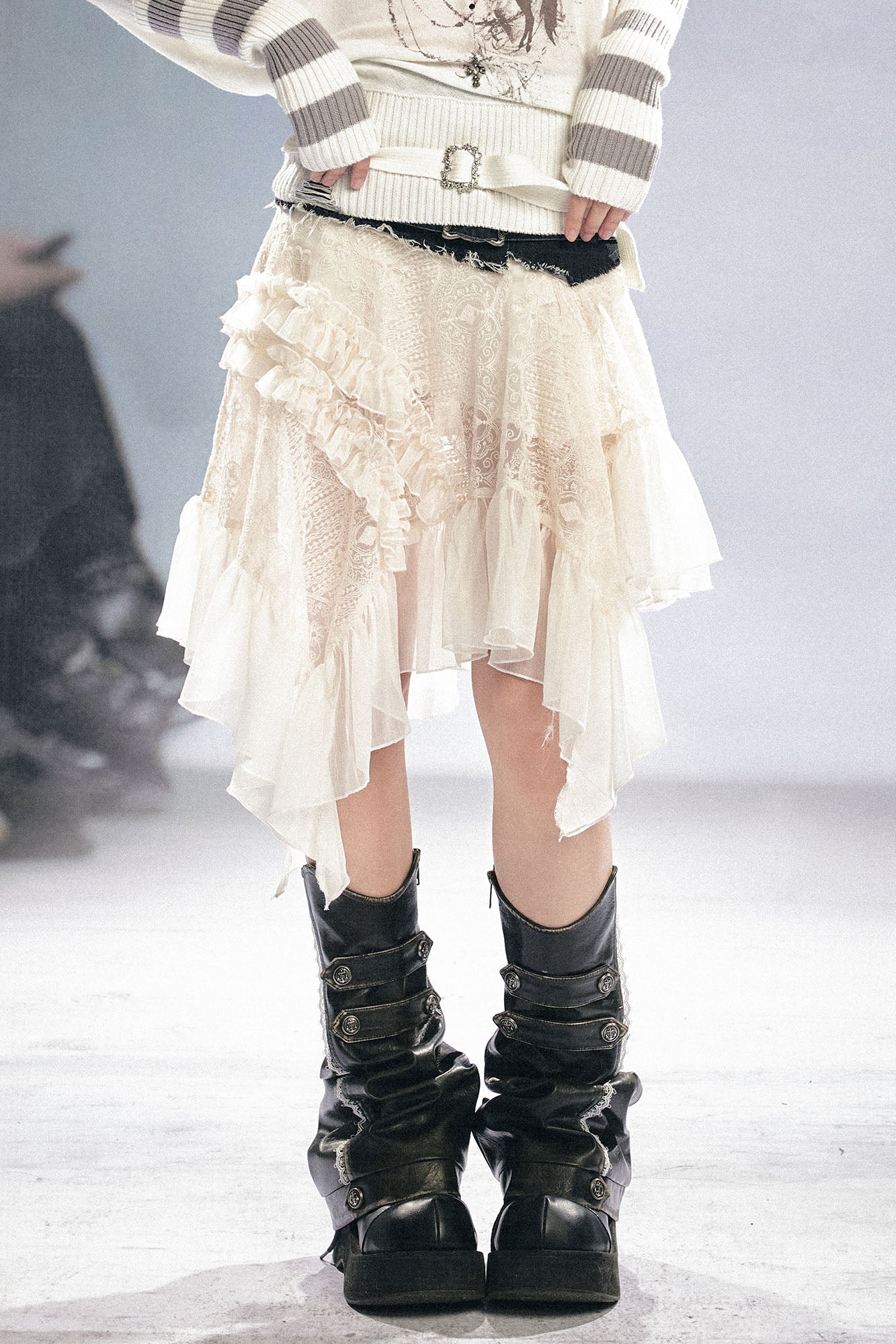 CESTNOUS Denim Belt-Waist Lace Ruffle Asym Skirt