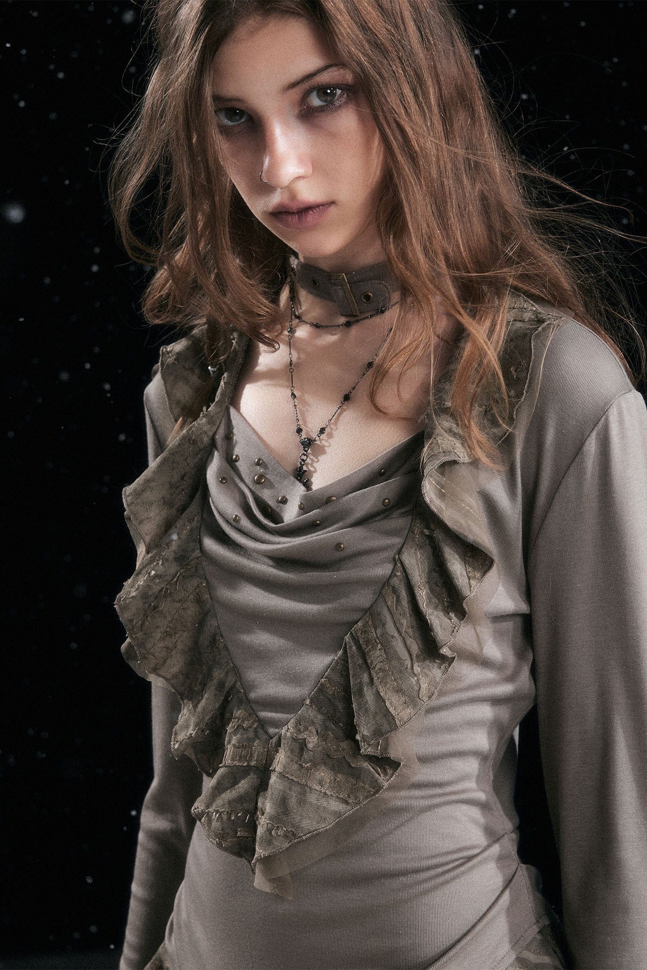 CESTNOUS Studded Ruffled Paneled Top