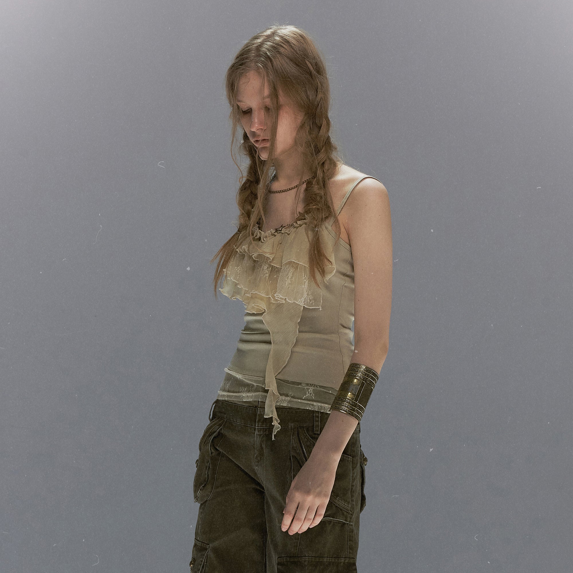 CESTNOUS Ruffled Lace Layered Beaded Camisole Top