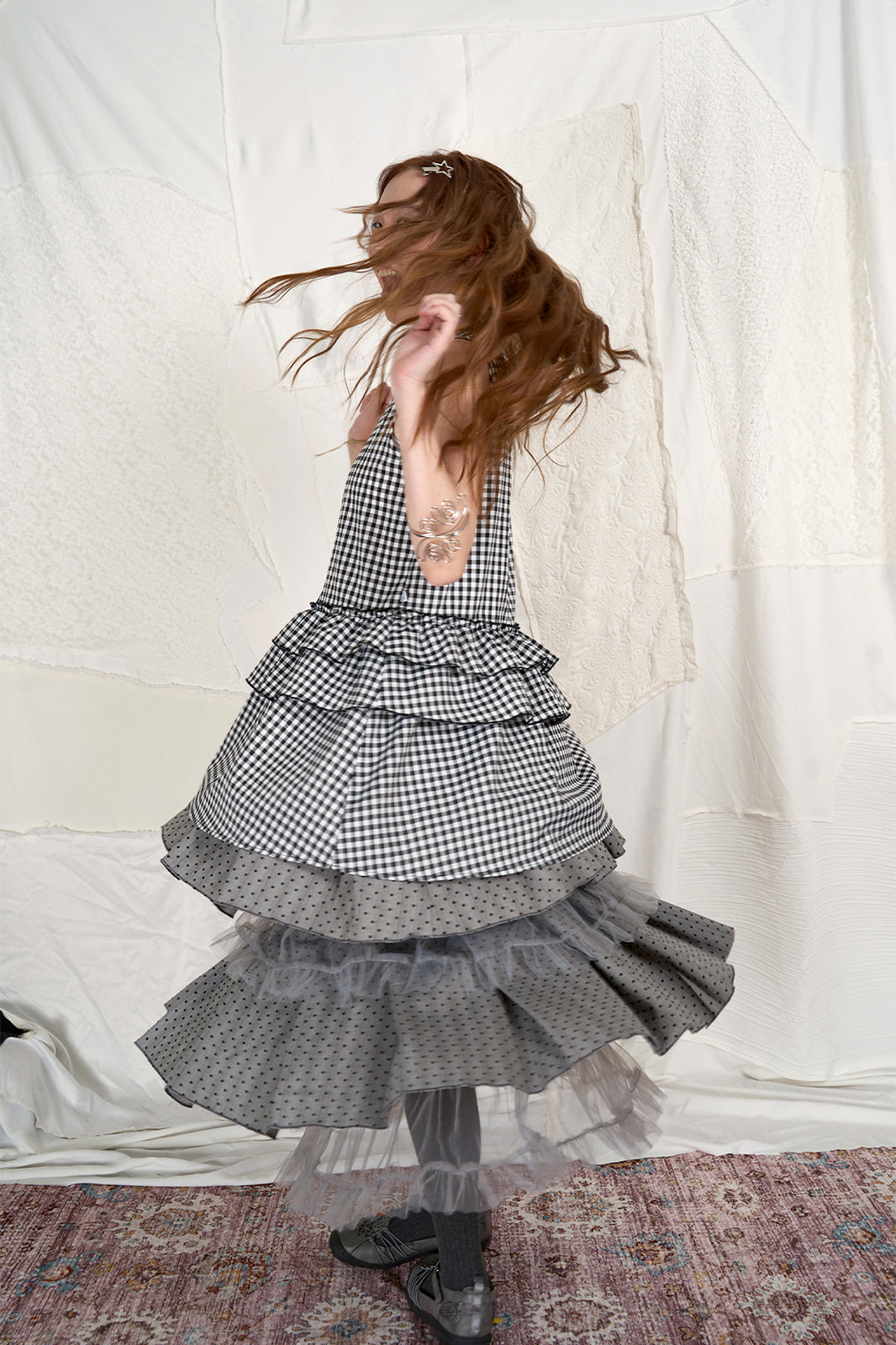 HSUSE Polka Dot Pleated Mesh Midi Skirt
