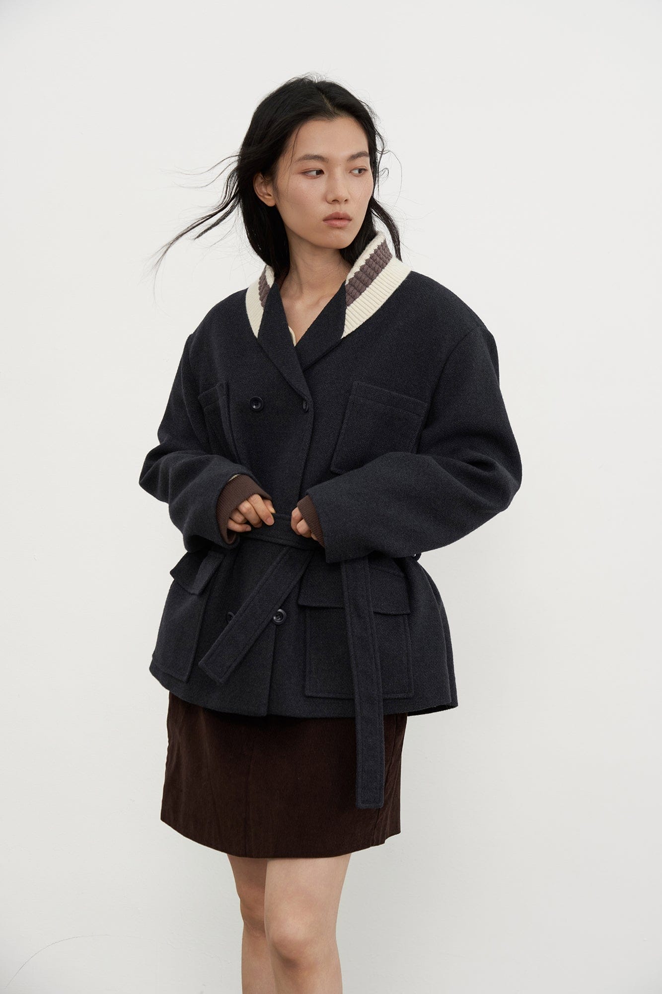 SAME FLOW Contrast Knit Collar Belt Wool-Blend Jacket