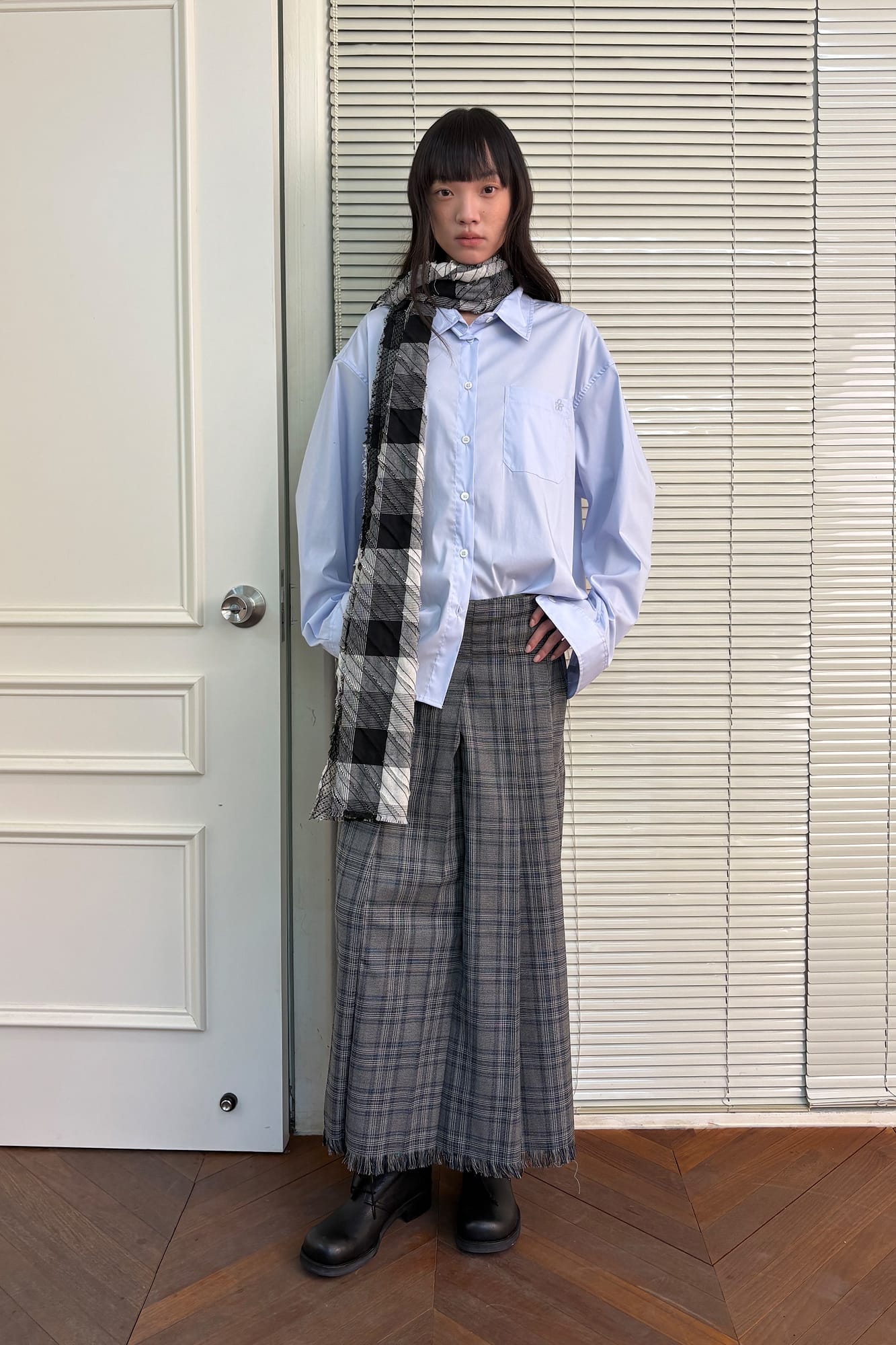 NEVERSEEZ Detachable Waist Scarf Pleated Plaid Maxi Skirt