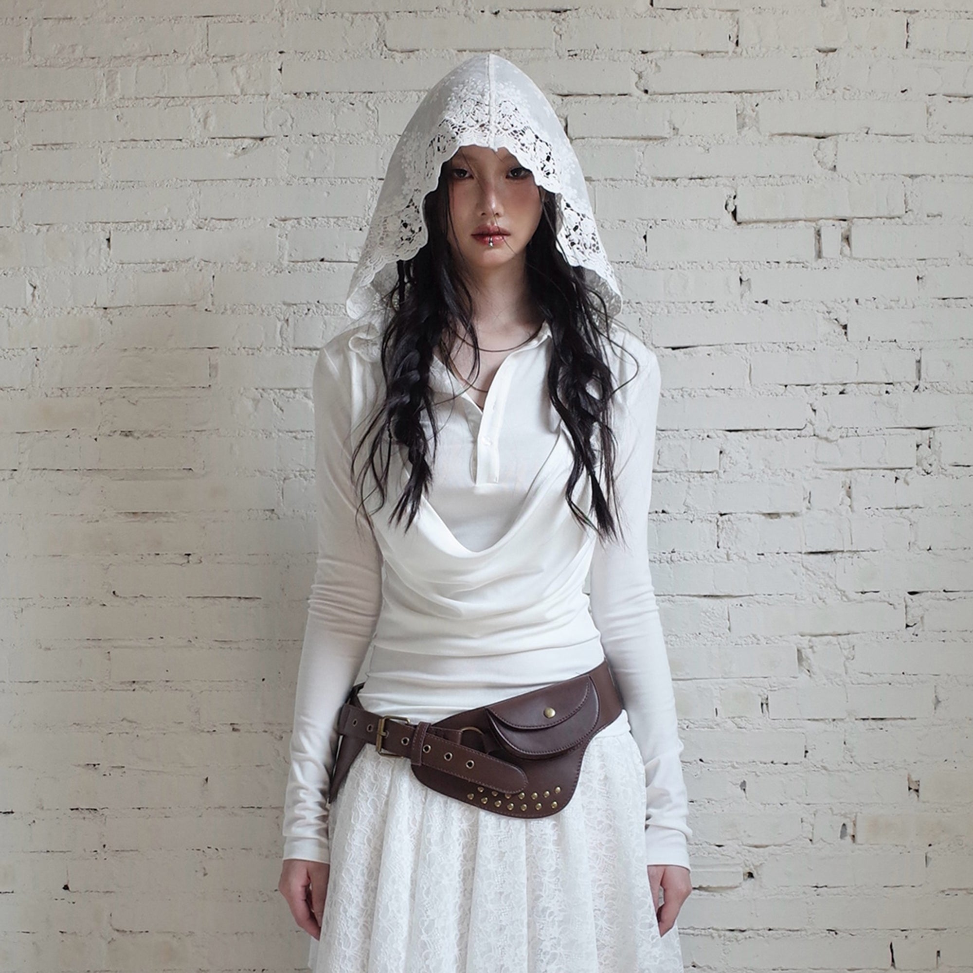 RIDK Layered Cowl Collar Lace Hooded Top