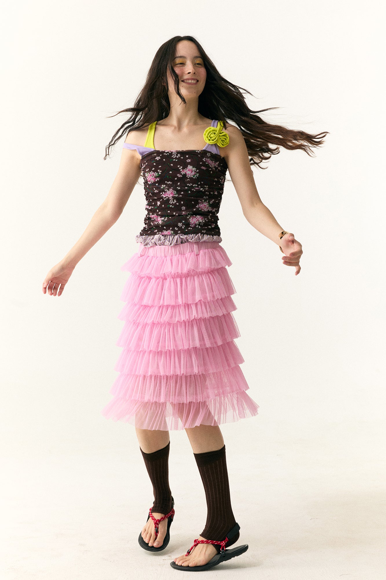 WII WIL Layered Rosette Floral Mesh Tank Top