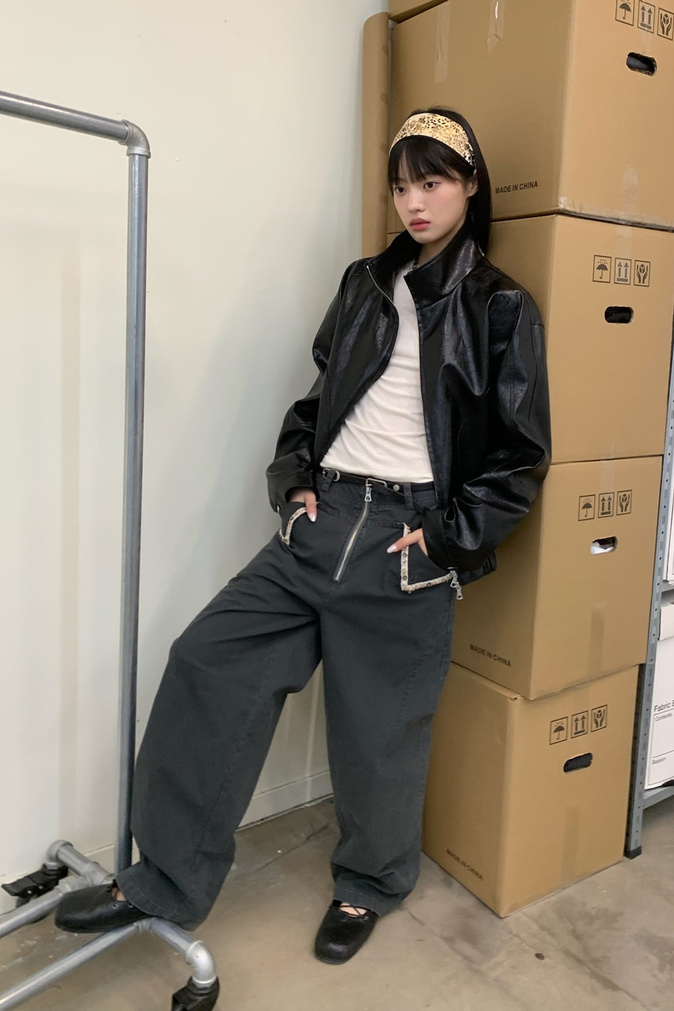 NEVERSEEZ Beaded-Trim Flap-Pocket Zip-Front Pants