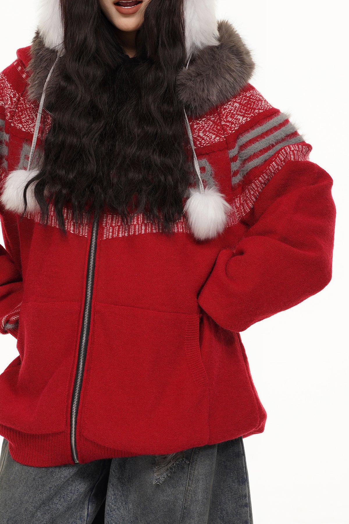 FREE CENTER Retro Fair Isle Detachable Collar Hooded Cardigan