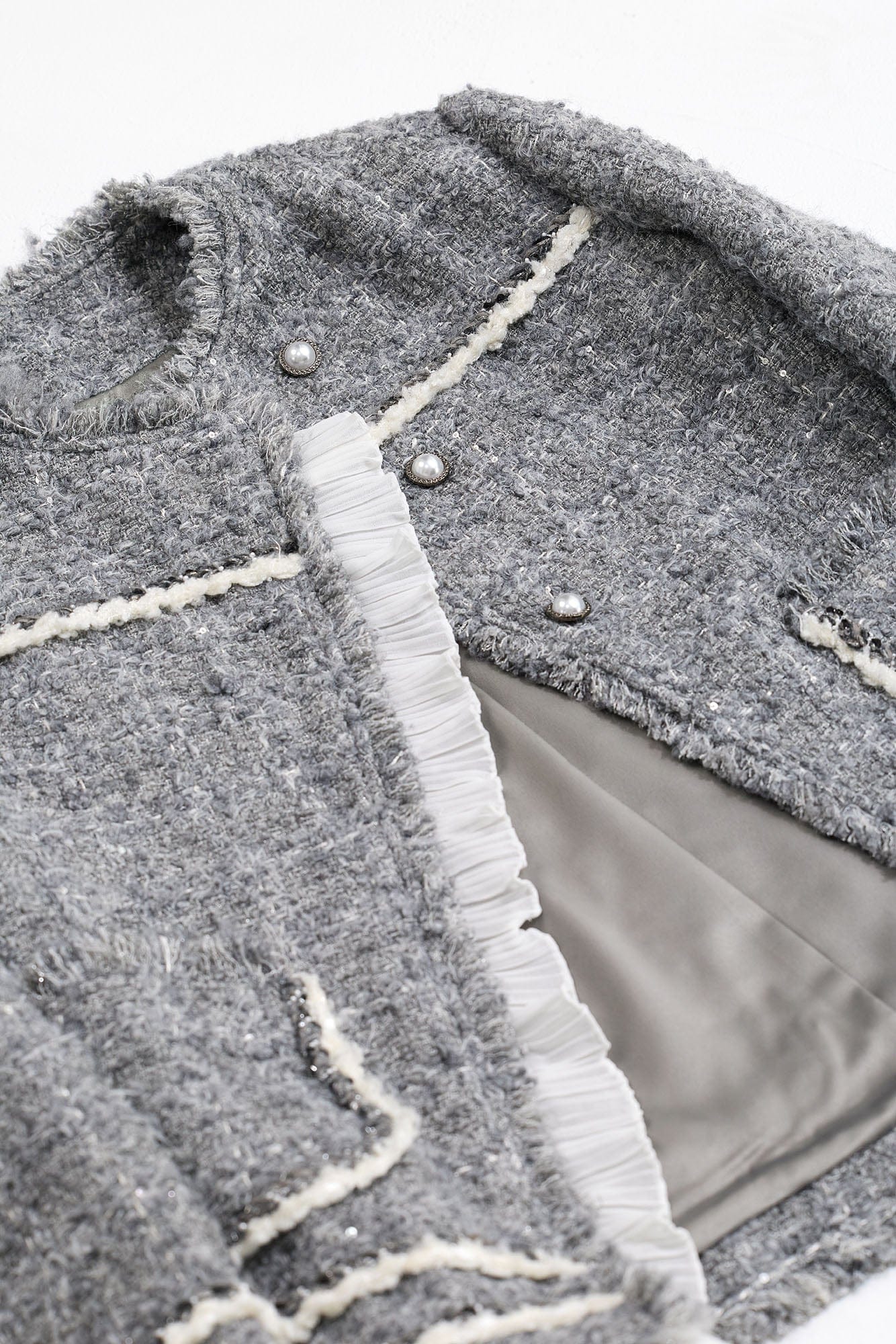 CYNR Boucle Ruffle-Placket Pearl-Button Jacket