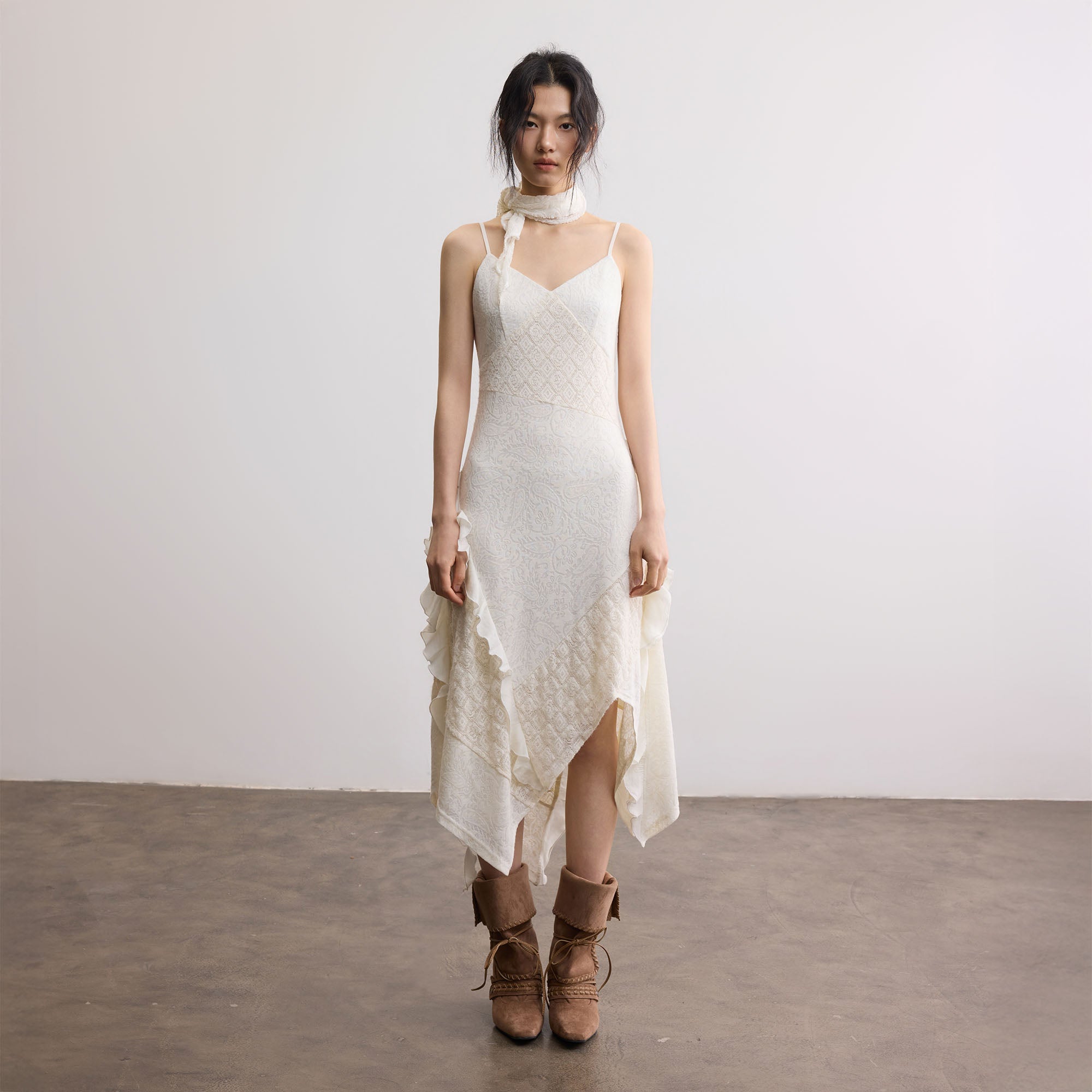 SAME FLOW Ruffle Asym Slip Lace-Panel Dress
