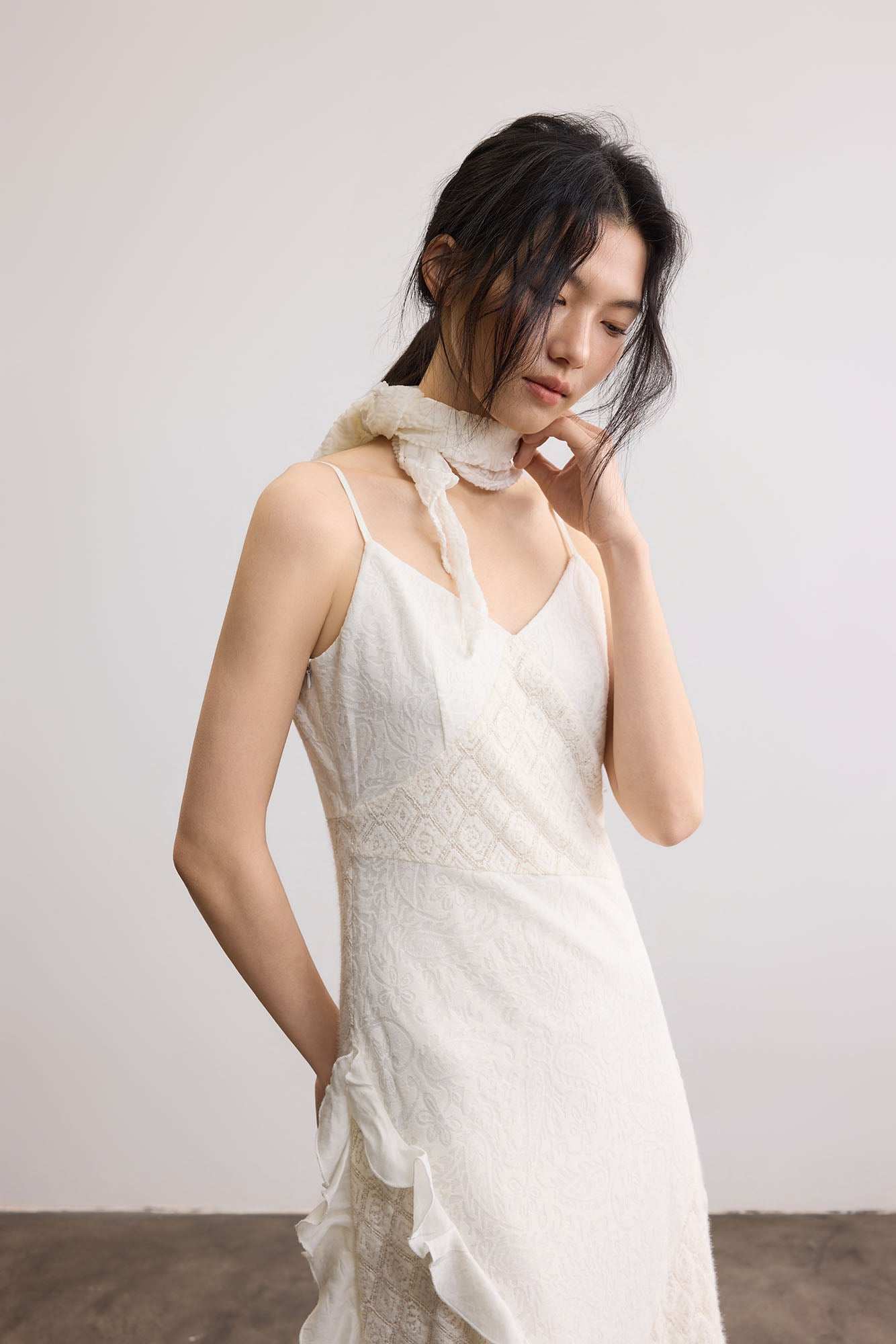 SAME FLOW Ruffle Asym Slip Lace-Panel Dress