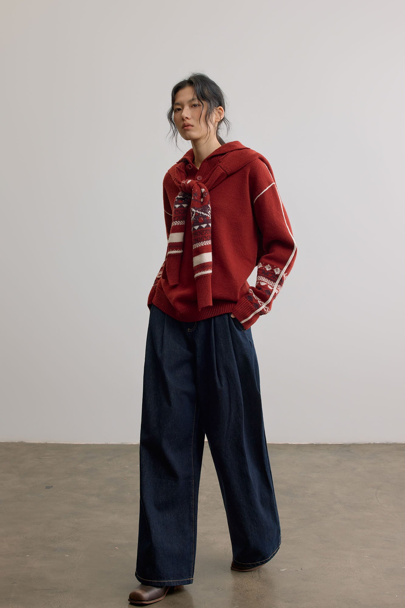 SAME FLOW Retro Jacquard Sleeve Sweater & Shawl Set