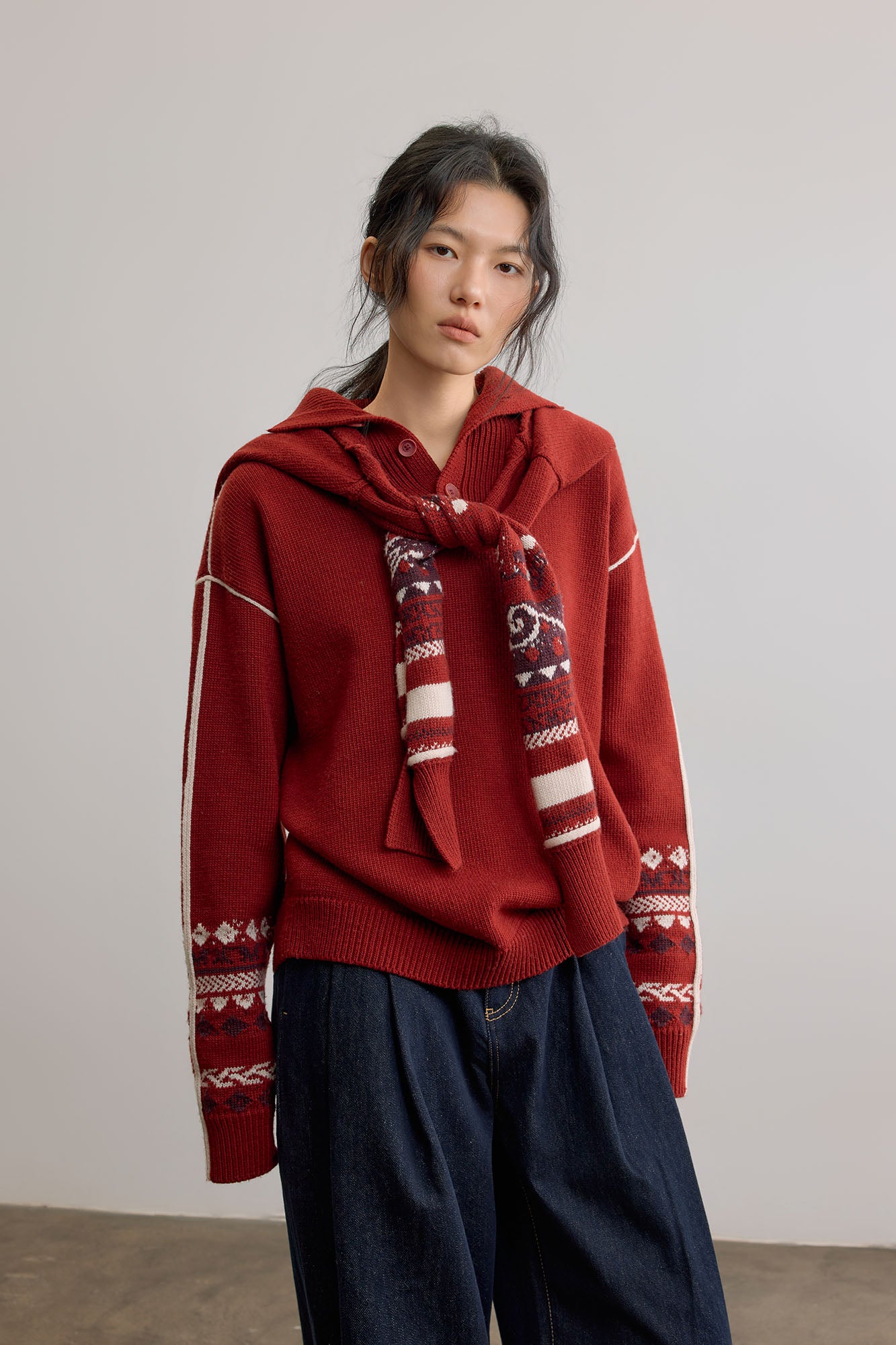 SAME FLOW Retro Jacquard Sleeve Sweater & Shawl Set