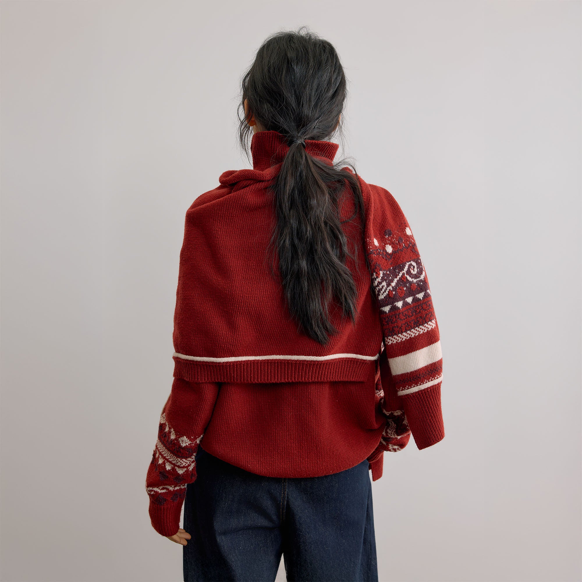 SAME FLOW Retro Jacquard Sleeve Sweater & Shawl Set