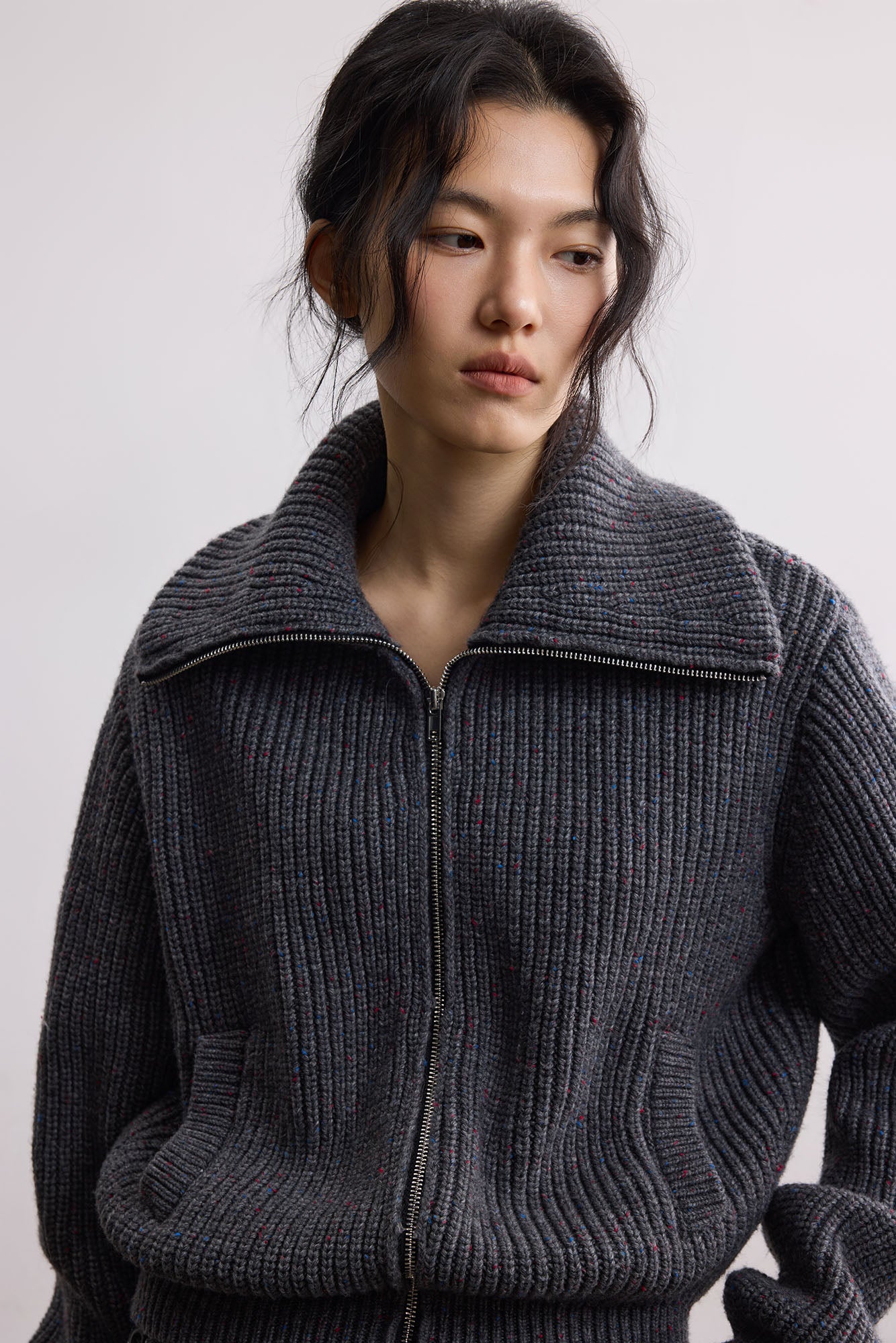 SAME FLOW Ribbed Oversized Polo Zip-Up Cardigan