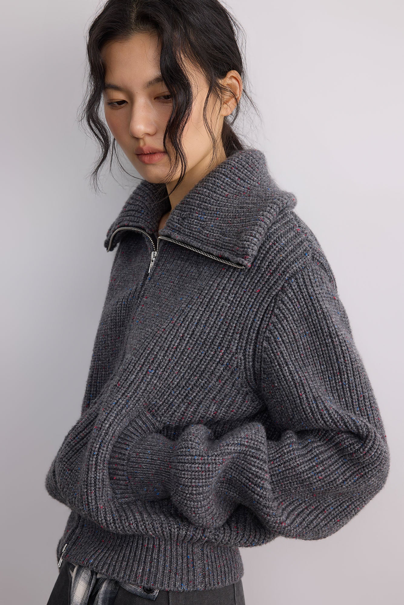 SAME FLOW Ribbed Oversized Polo Zip-Up Cardigan