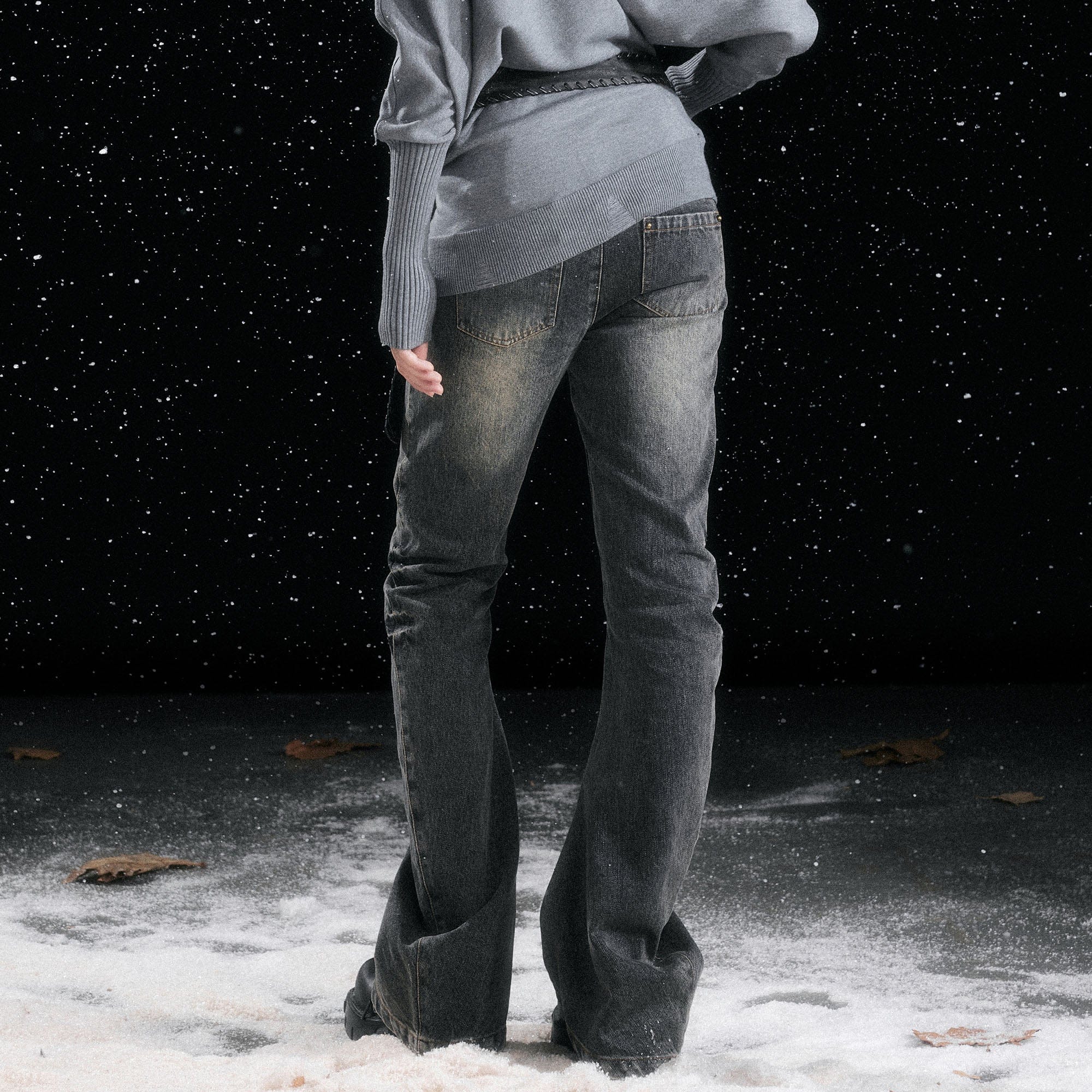 CESTNOUS Faux Leather Corset Waist Washed Jeans