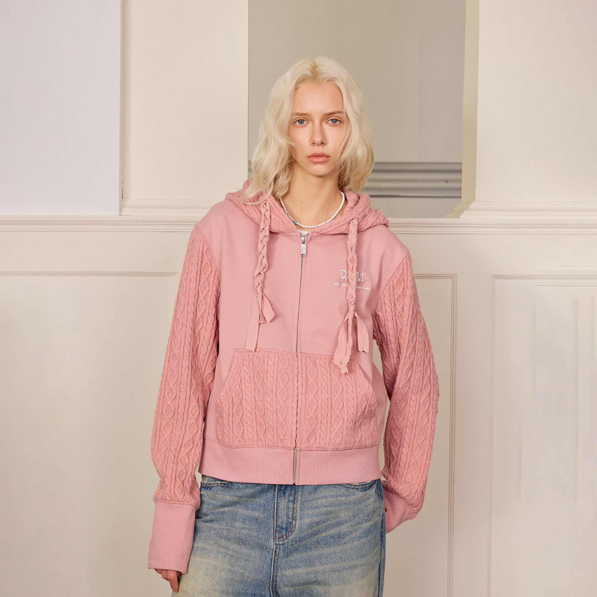 DONSMOKE Spliced Cable-Knit Zip-Up Hoodie