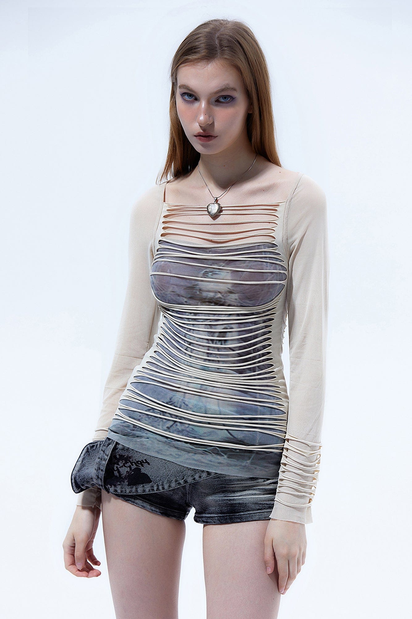 EMOHA Ripped Sheer Long Sleeve Top White