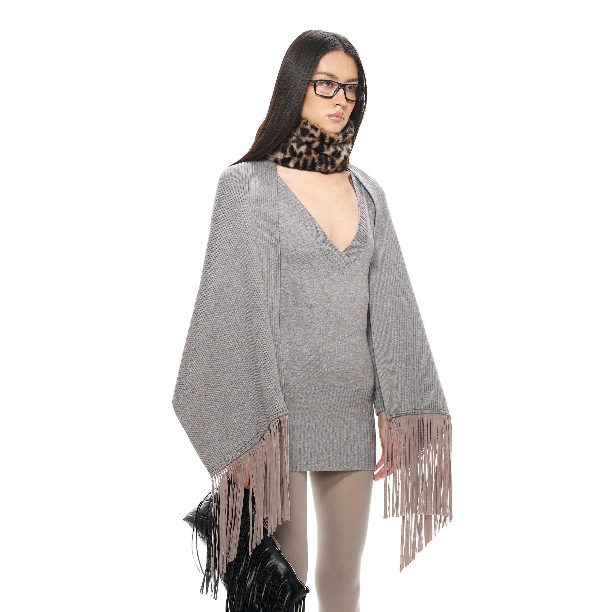 NEVER OFFEND L ANGEL Deep-V Knit Dress with Fringe Cape