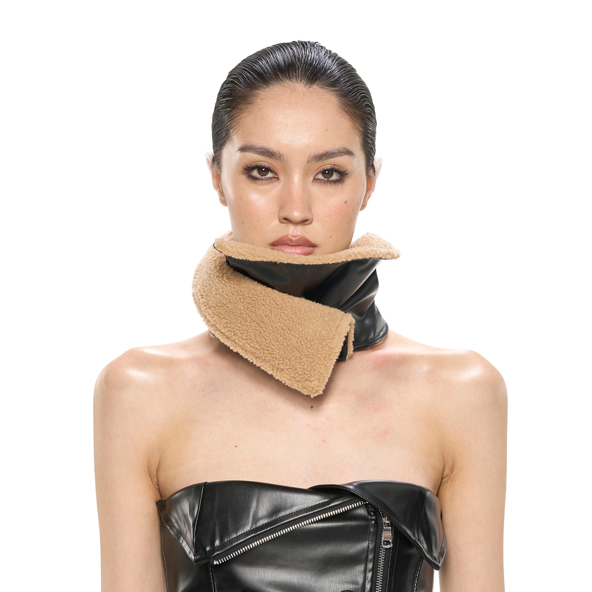 NEVER OFFEND L ANGEL Fringed Faux Leather & Lamb Wool Neck Collar
